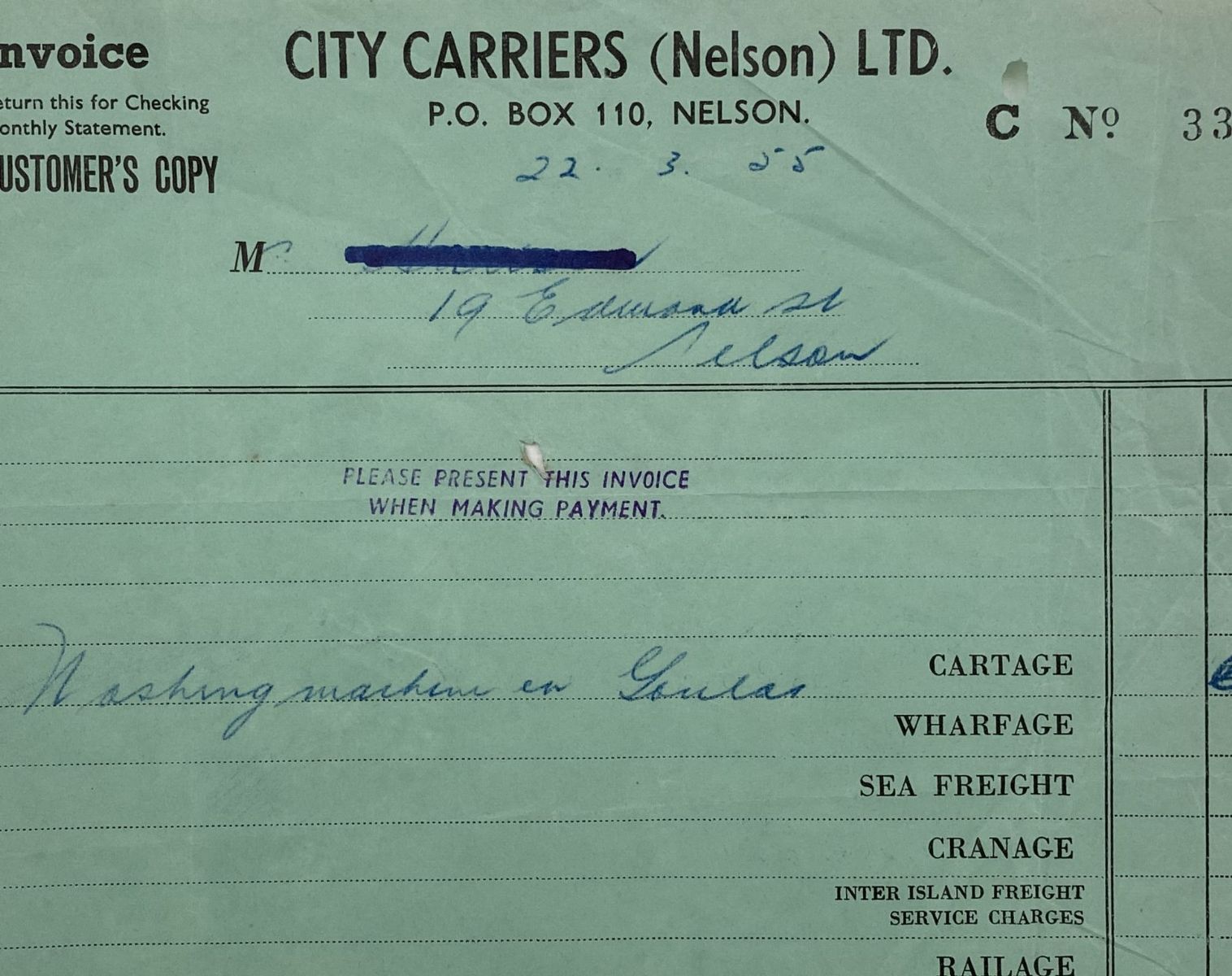 VINTAGE INVOICE: City Carriers (Nelson) Ltd 1955