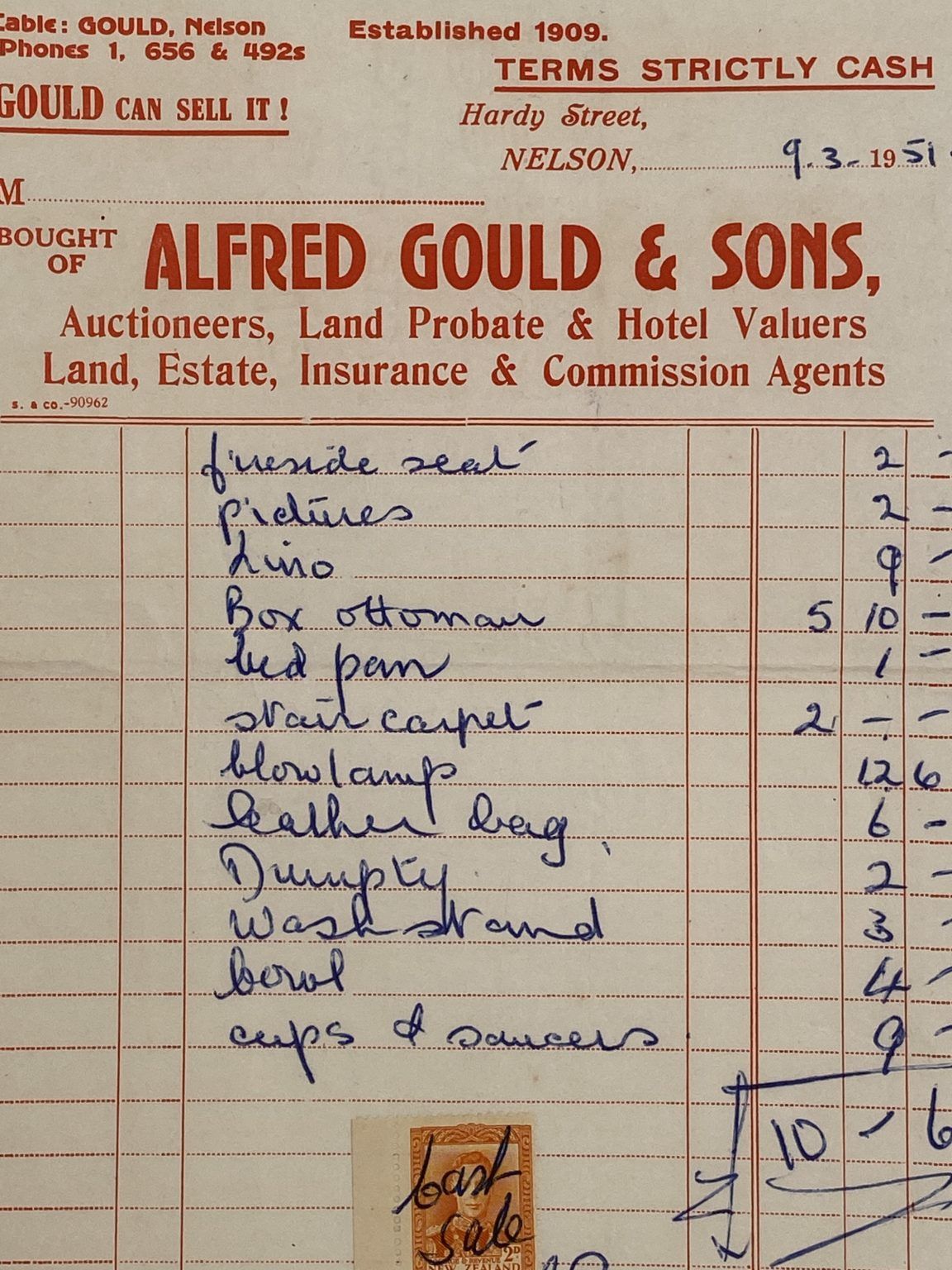 VINTAGE INVOICE: Alfred Gould & Sons, Nelson - Auctioneers and Valuers 1951