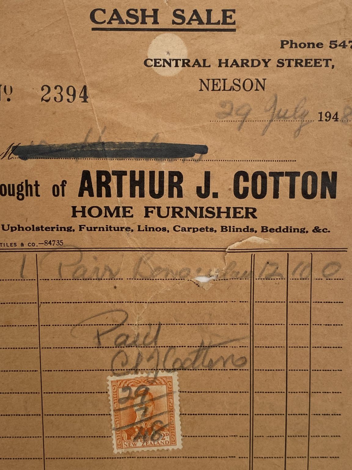 VINTAGE INVOICE: Arthur J. Cotton, Nelson - Home Furnisher 1948