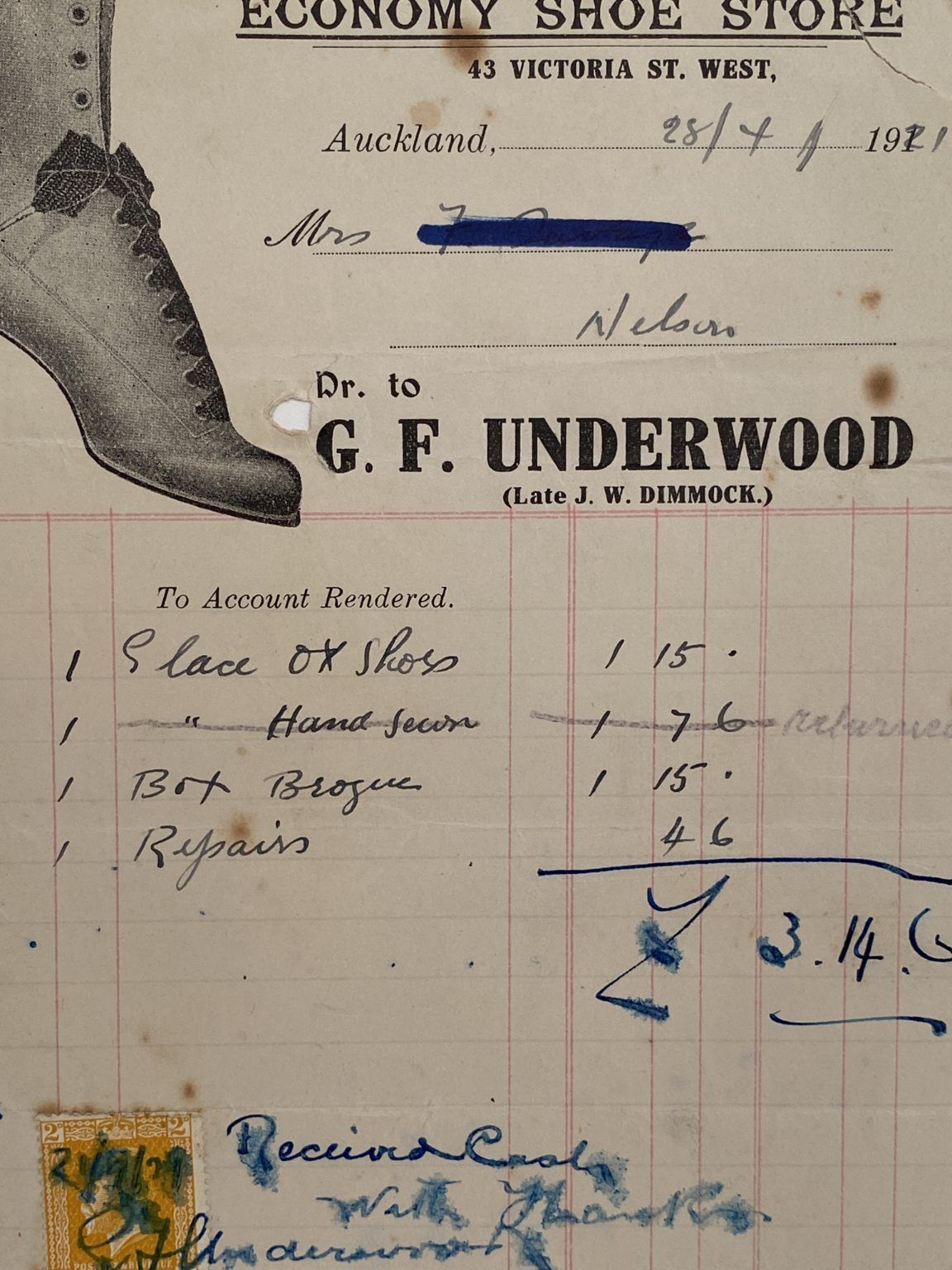 ANTIQUE INVOICE: G. F. Underwood, Auckland - Shoe Store 1921