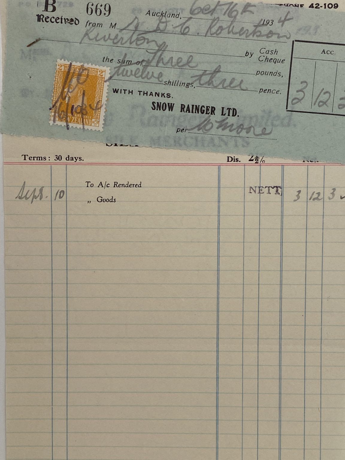 VINTAGE INVOICE: Snow Rainger Limited Auckland – Silk Merchants 1934