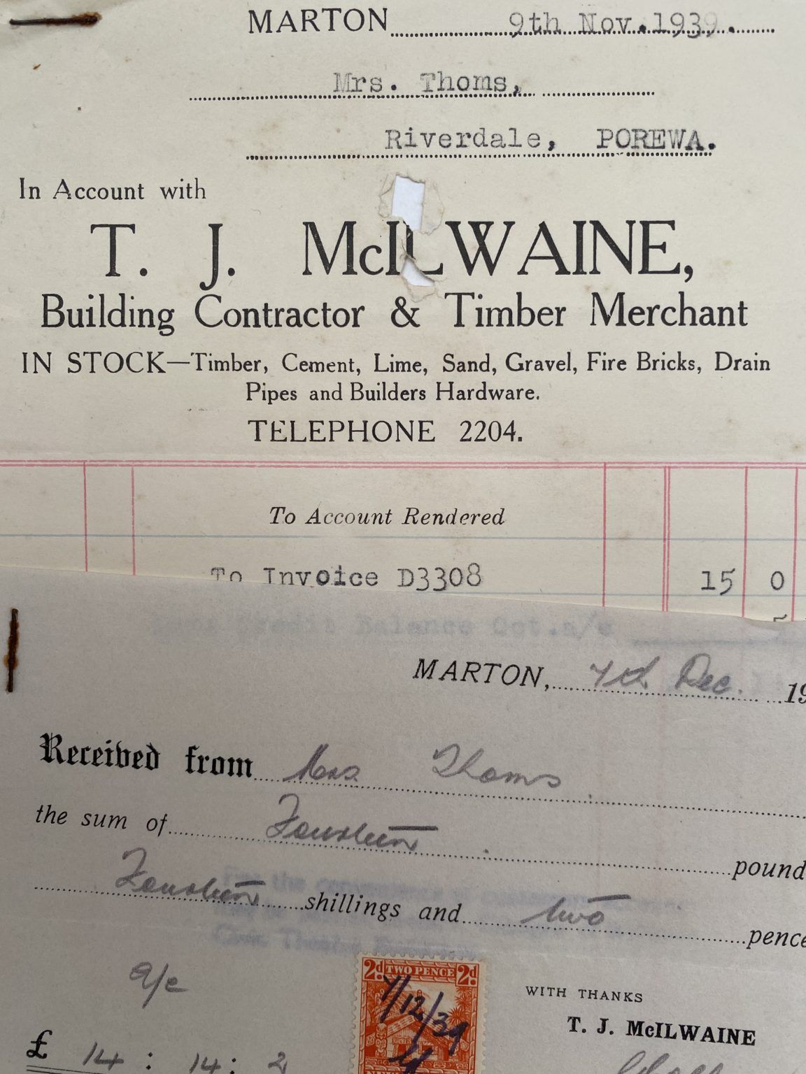 VINTAGE INVOICE: T. J. McIlwaine – Building Contractor & Timber Merchant 1939