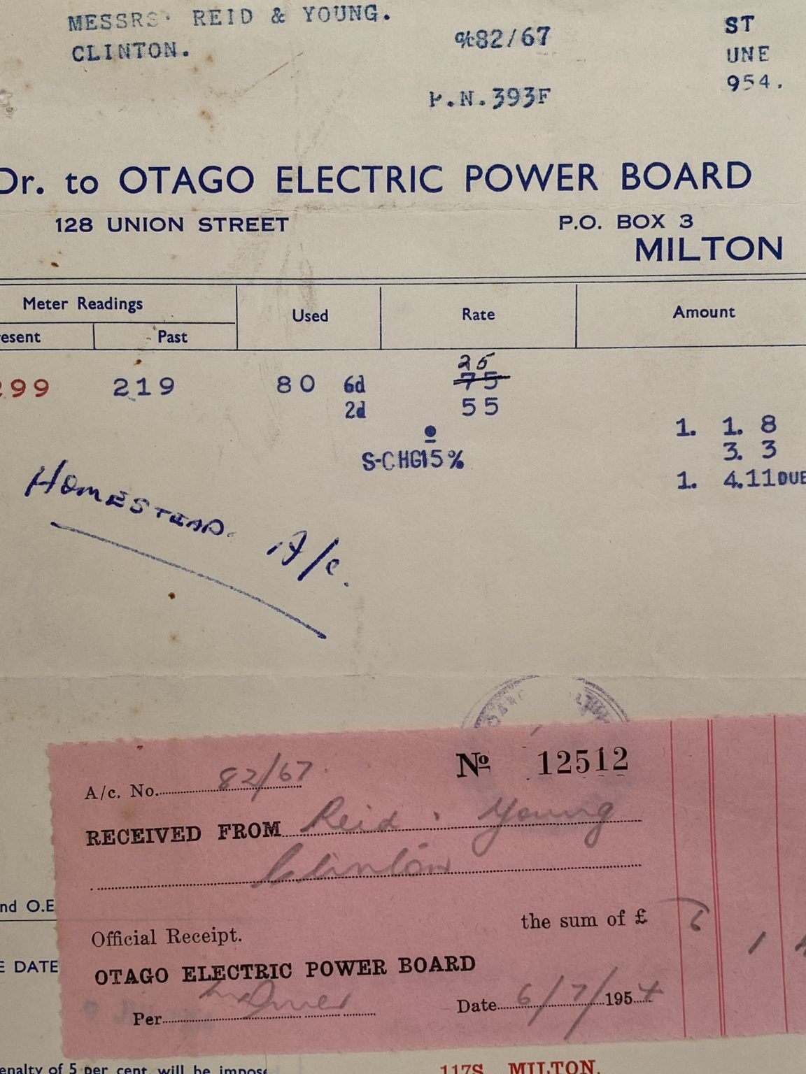 VINTAGE INVOICE: Otago Electric Power Board, Milton 1954