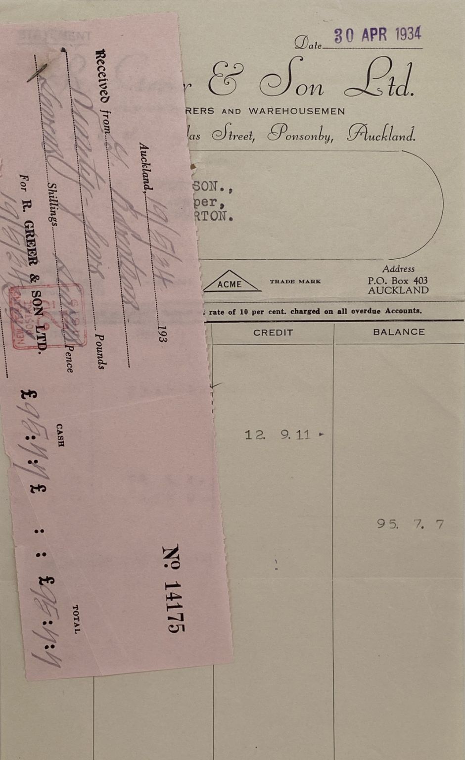 VINTAGE INVOICE: R. Greer & Son, Auckland – Manufacturers & Warehousemen 1934