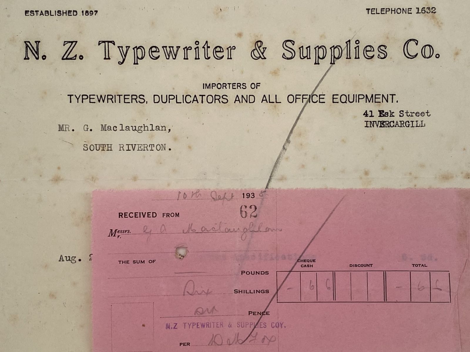 VINTAGE INVOICE: N.Z. Typewriter & Supplies Co. Invercargill 1938