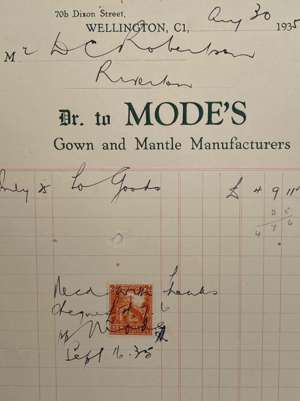 VINTAGE INVOICE: Modes, Wellington – Gown and Mantle Manufacturers 1935