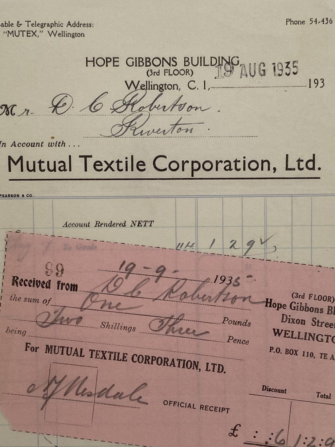 VINTAGE INVOICE: Mutual Textile Corporation Ltd, Wellington 1935