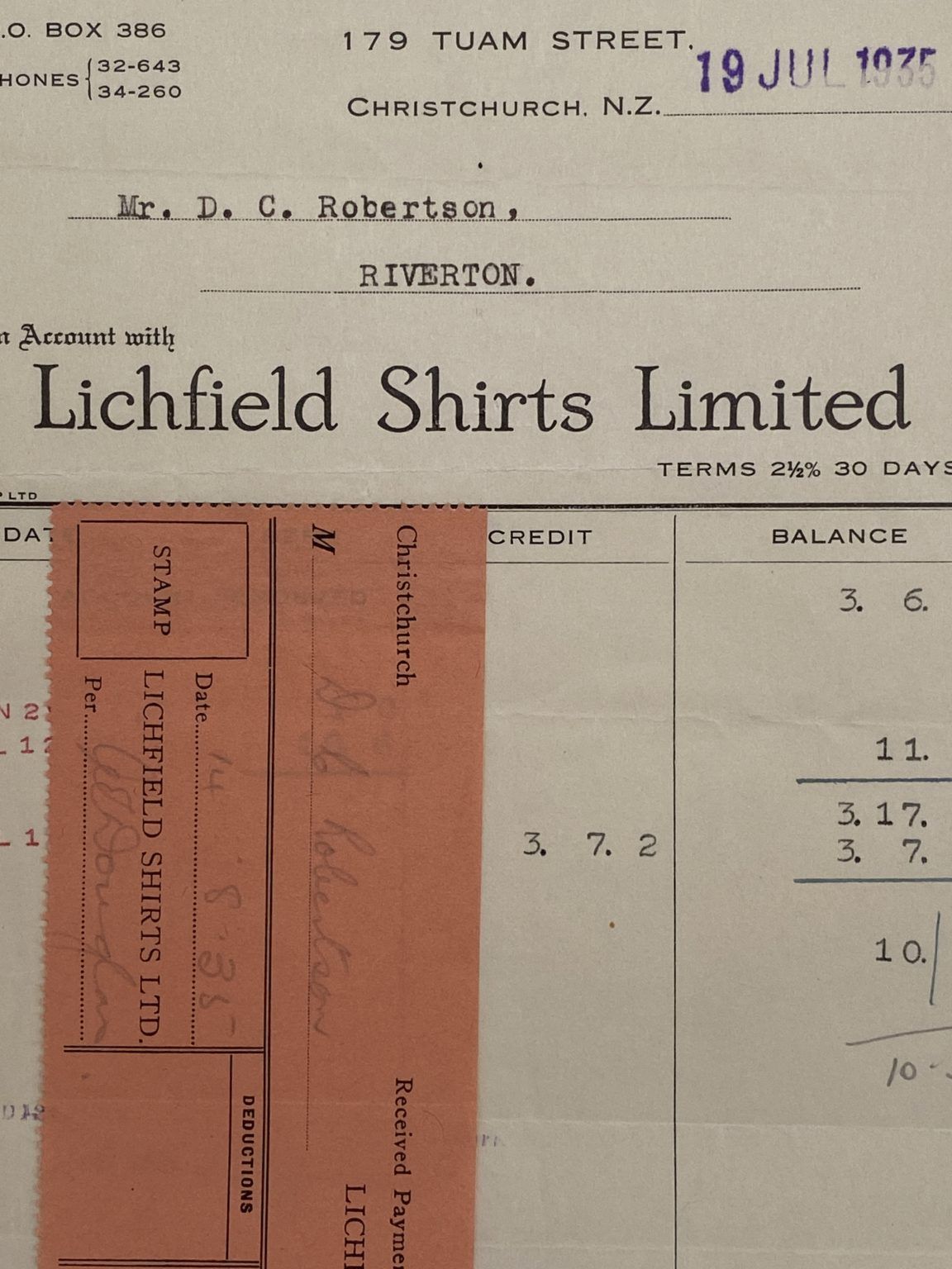 VINTAGE INVOICE: Lichfield Shirts Limited, Christchurch 1935