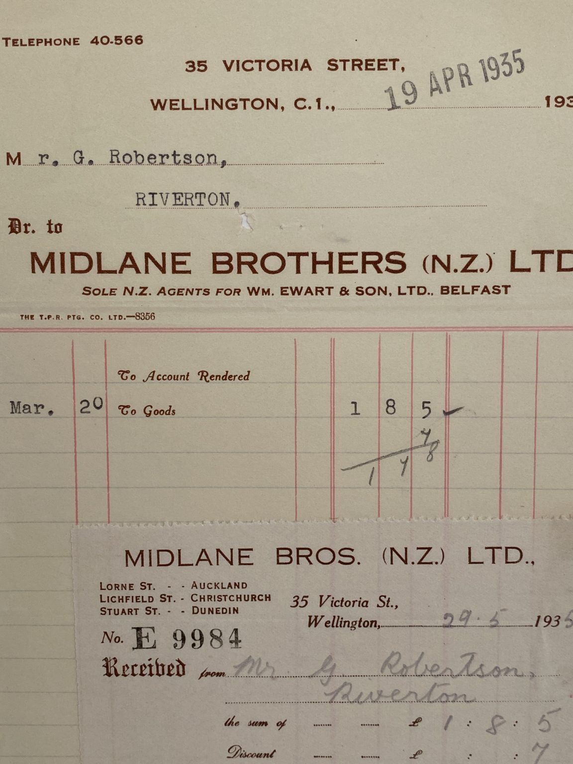 VINTAGE INVOICE: Midlane Brothers (N.Z.) Ltd. Wellington - Agents 1935