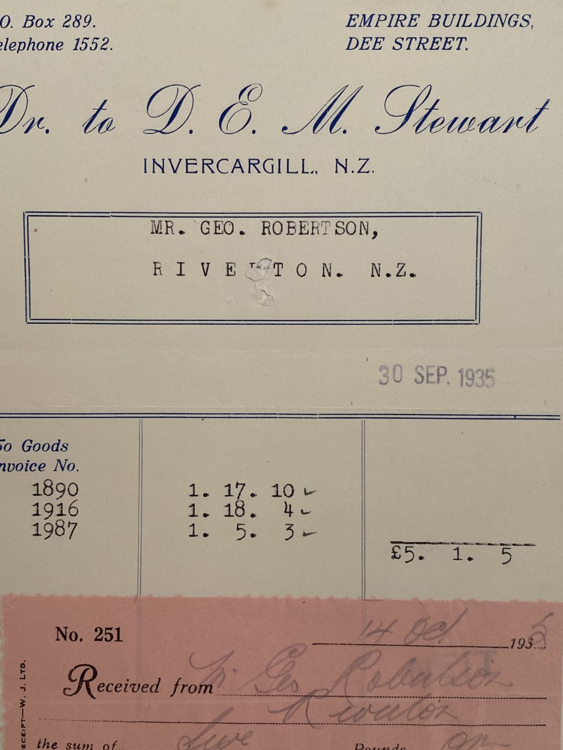 VINTAGE INVOICE: D.E.M. Stewart, Invercargill 1935