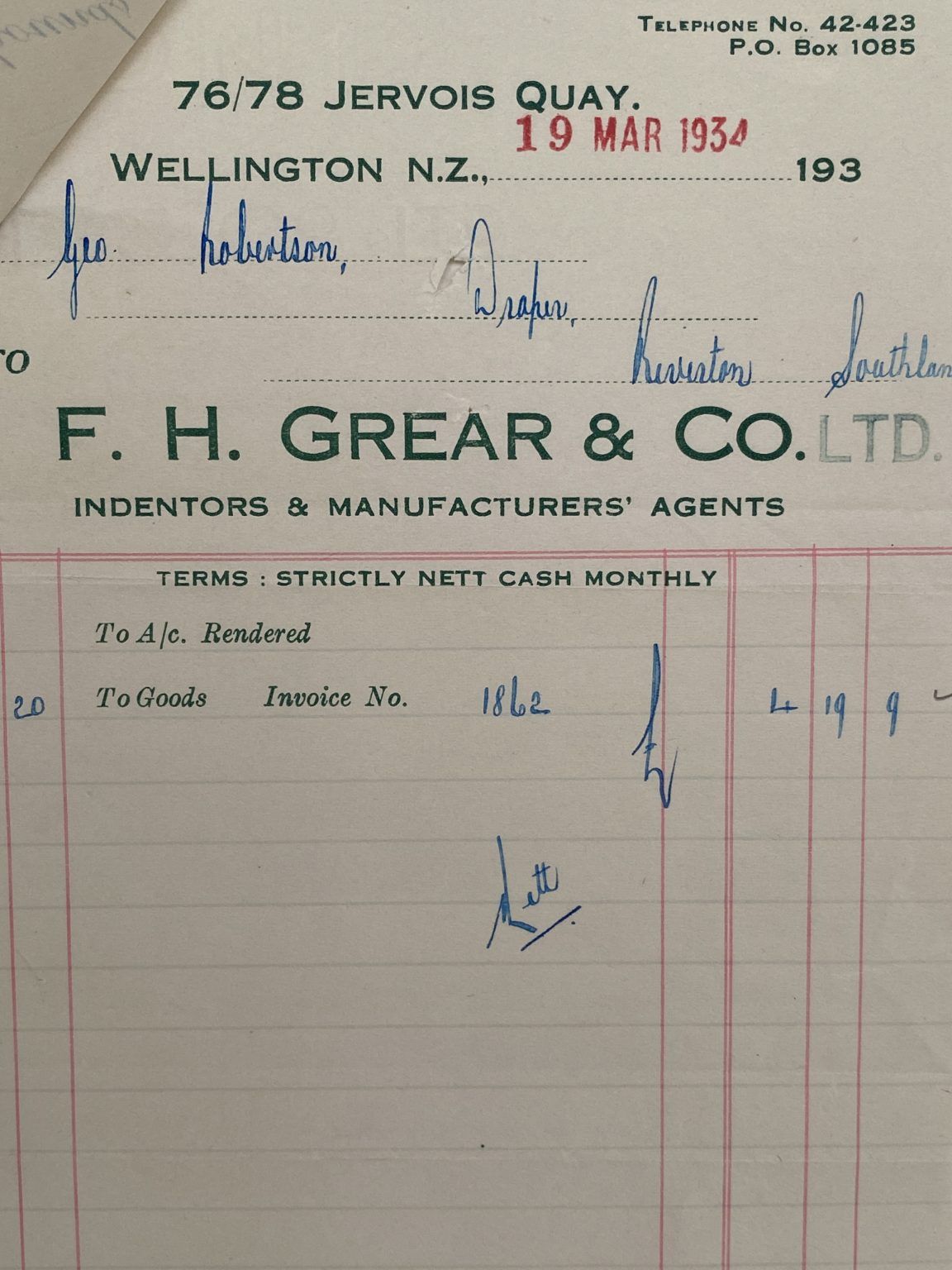 VINTAGE INVOICE: F. H. Grear & Co.Ltd, Wellington – Indentors & Agents 1934