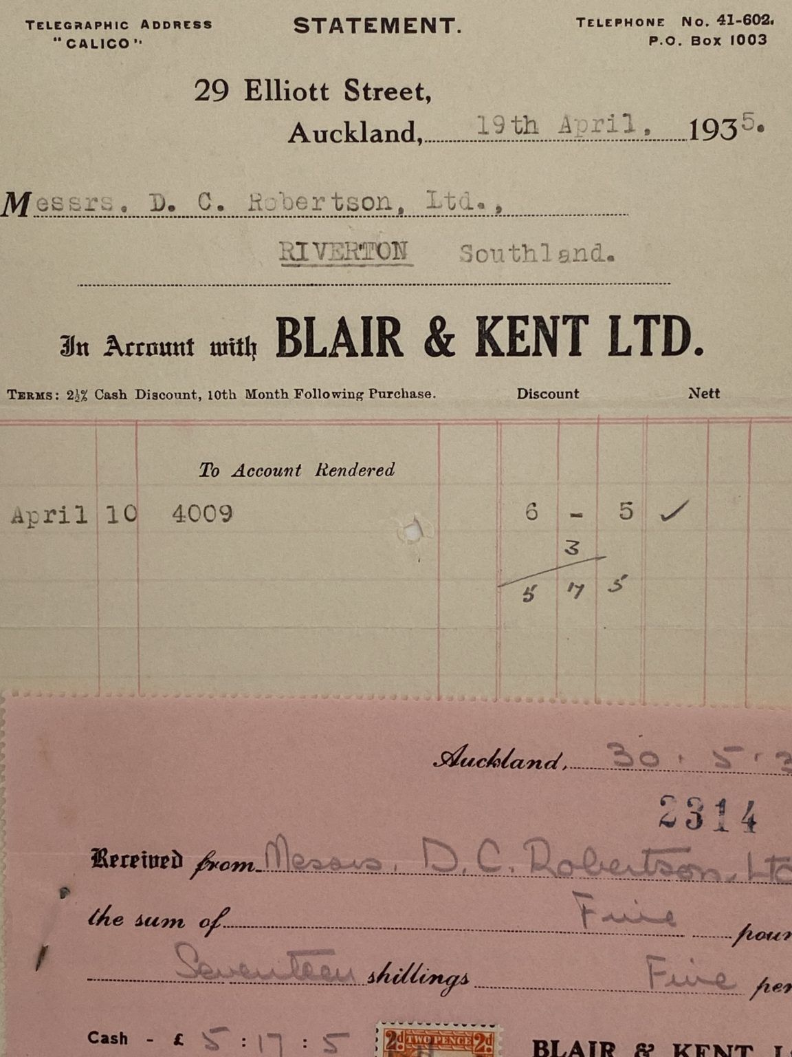 VINTAGE INVOICE: Blair & Kent Ltd, Auckland 1935