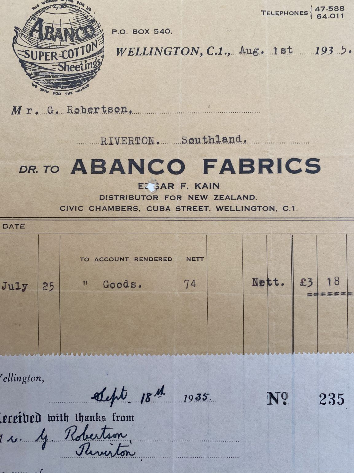 VINTAGE INVOICE: Abanco Fabrics, Wellington 1935