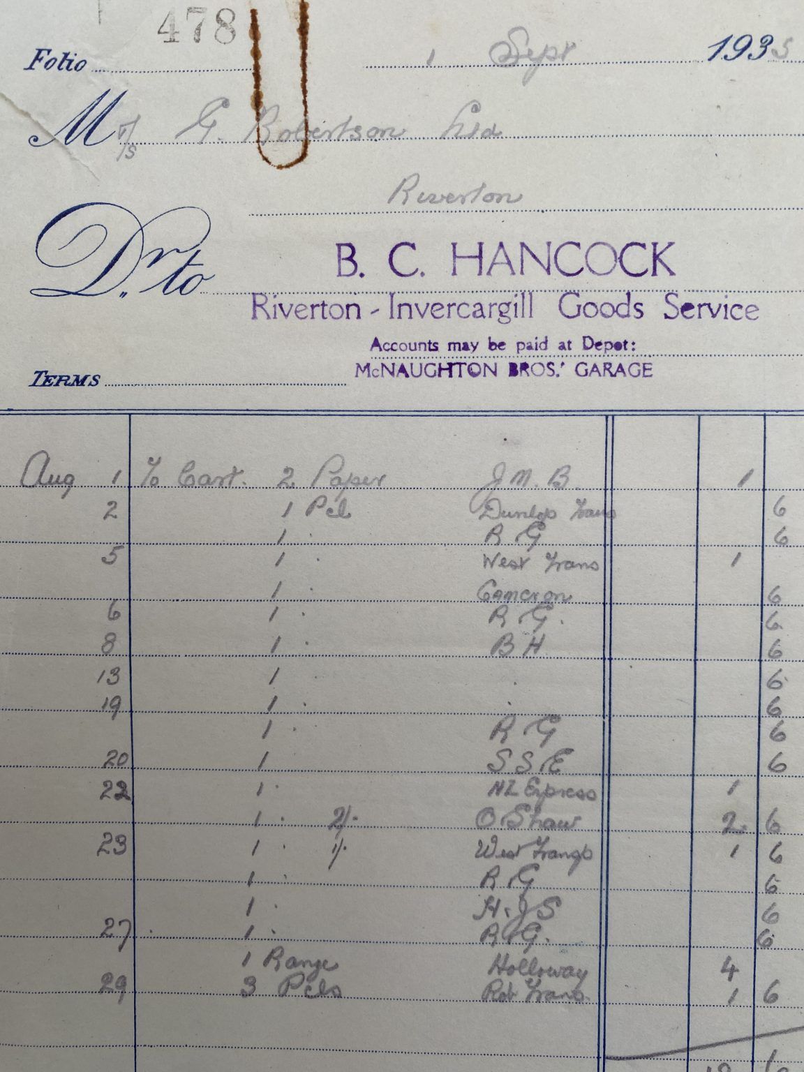 VINTAGE INVOICE: B.C. Hancock, Riverton - Invercargill Goods Service 1935