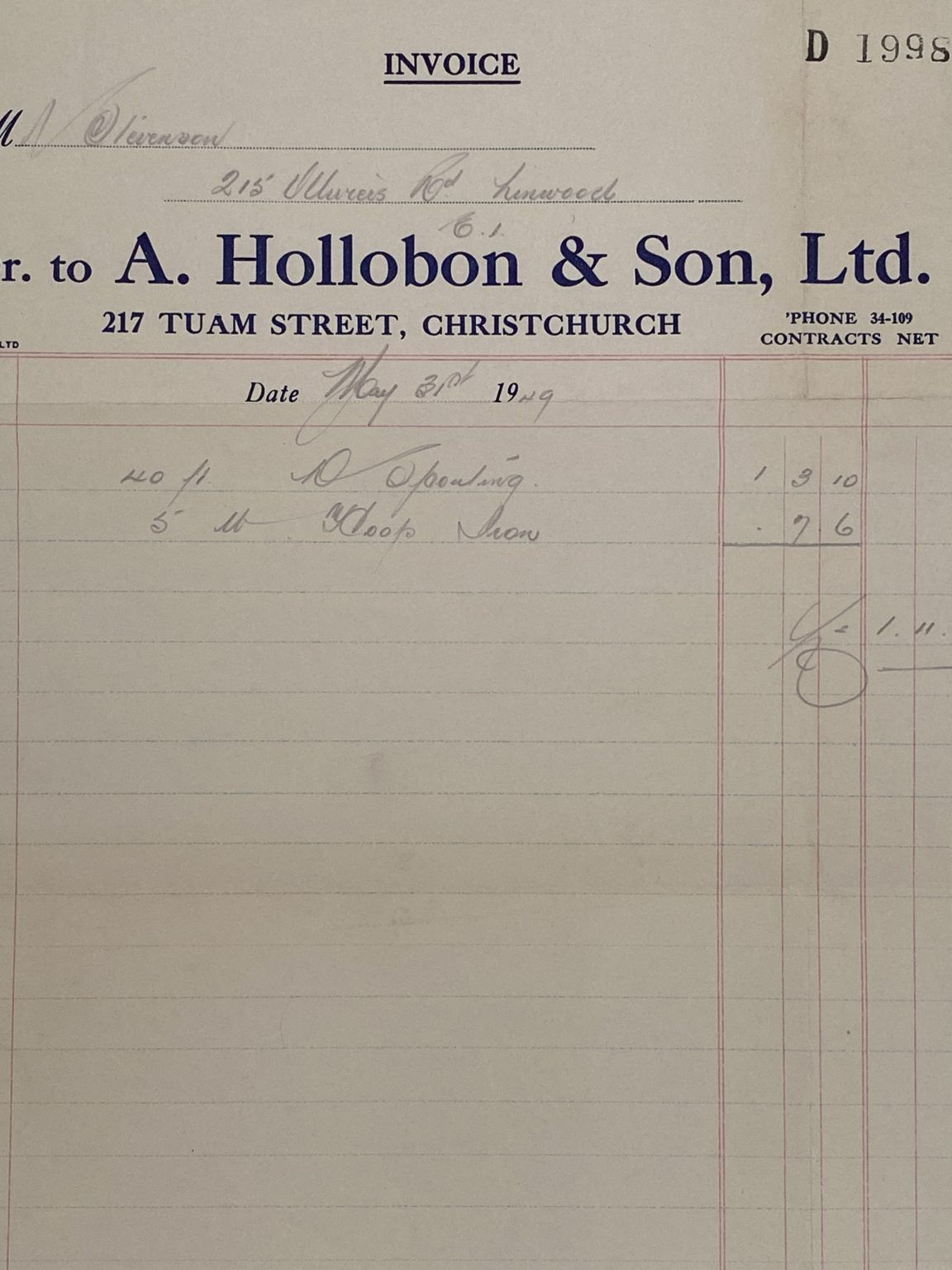 VINTAGE INVOICE: A. Hollobon & Son Ltd, Christchurch 1949