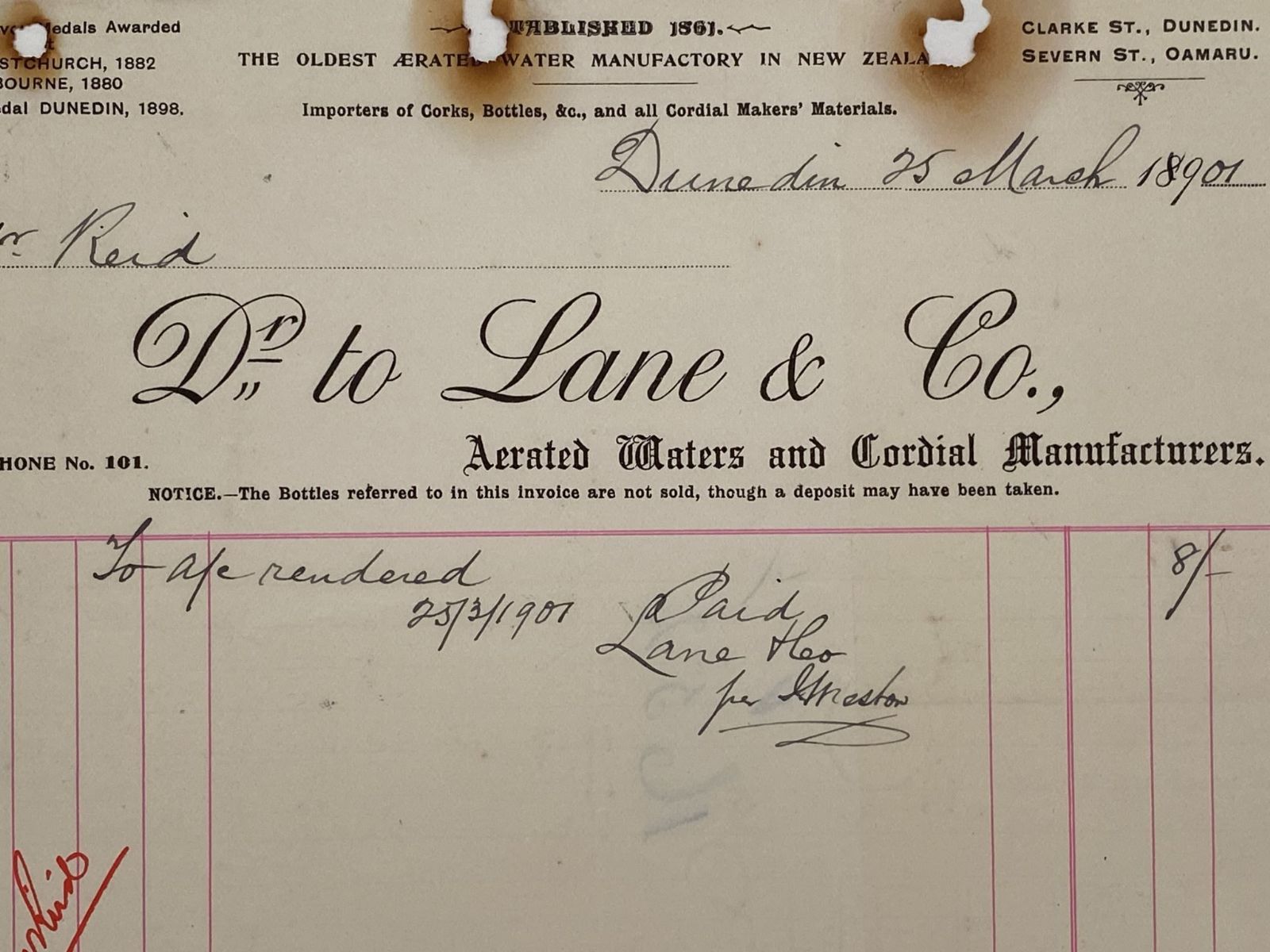 ANTIQUE INVOICE: Lane & Co, Dunedin – Aerated Water & Cordial Manufacturers 1901