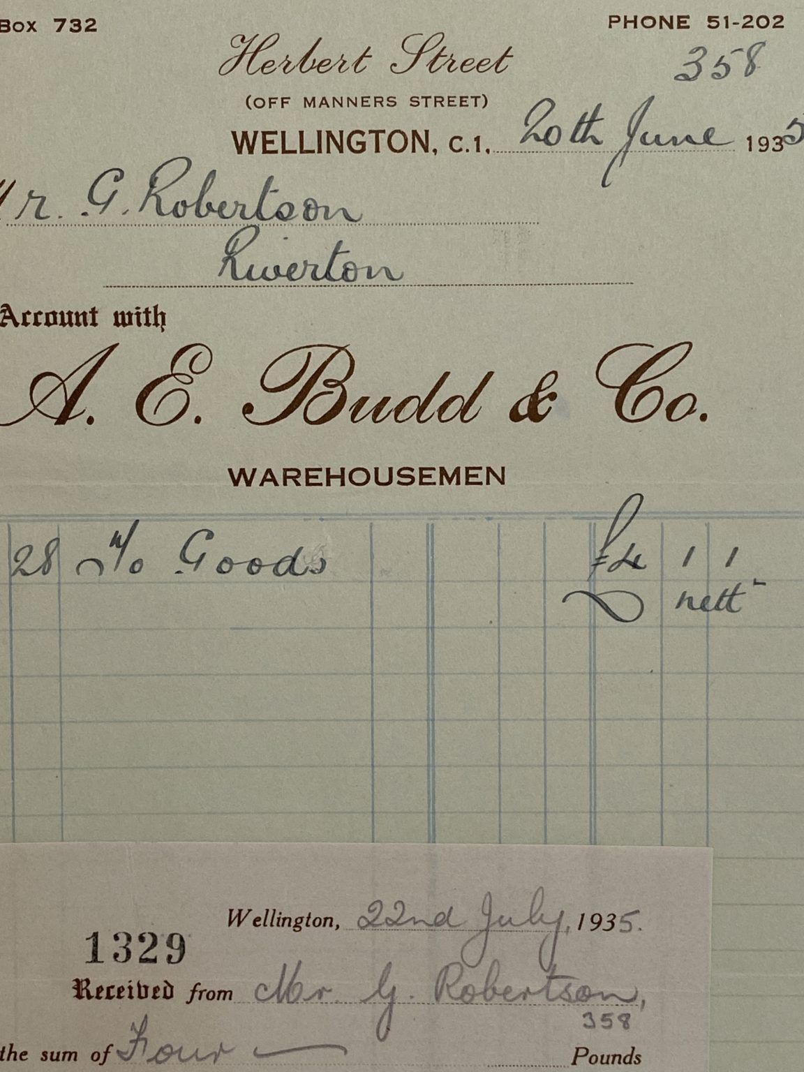 VINTAGE INVOICE: A. E. Budd & Co, Wellington - Warehousemen 1935