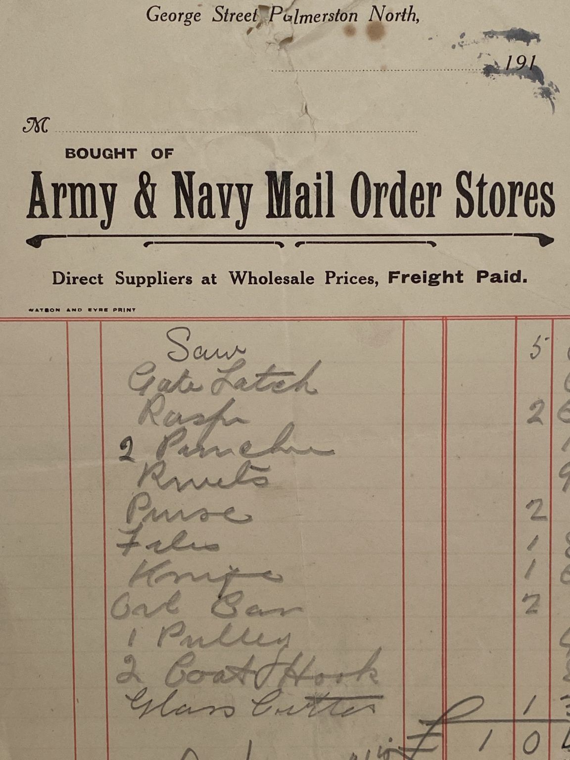 ANTIQUE INVOICE: Army & Navy Mail Order Stores, Palmerston North 1915