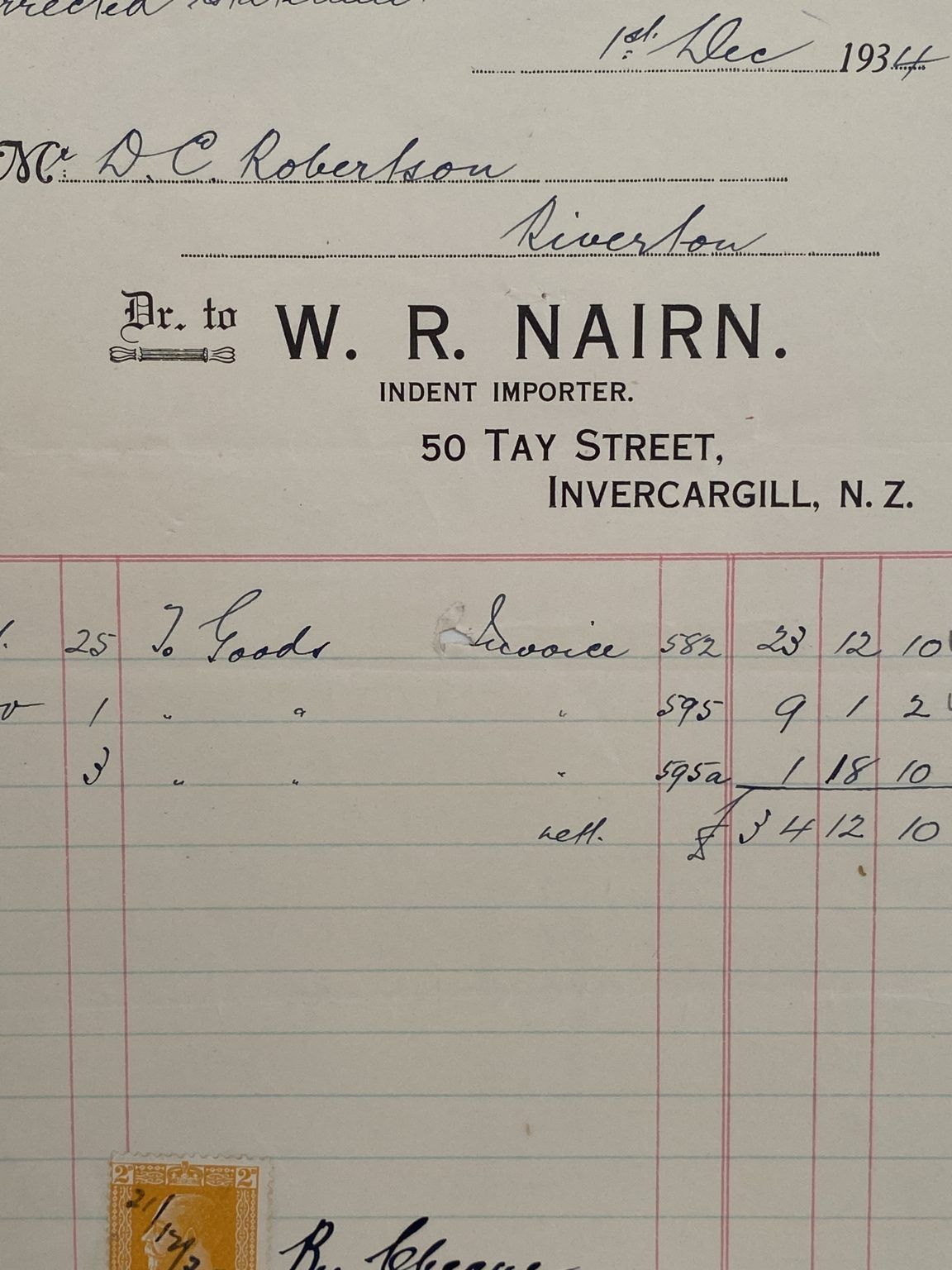 VINTAGE INVOICE: W.R. Nairn Invercargill – Indent Importer 1934