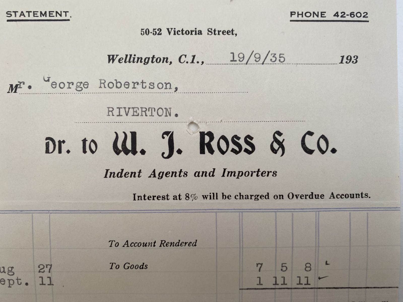 VINTAGE INVOICE: W. J. Ross & Co, Wellington – Agents & Importers 1935