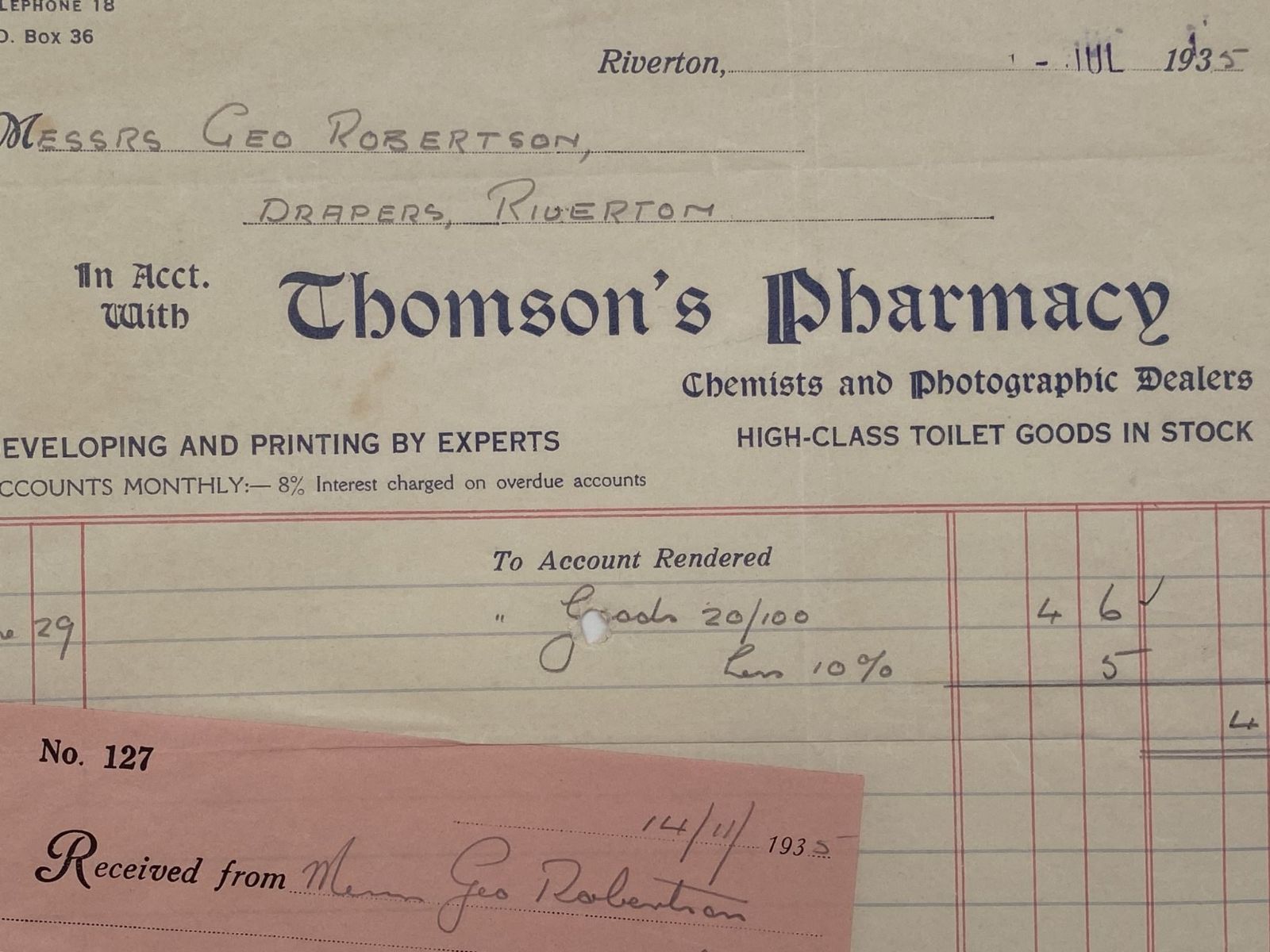 VINTAGE INVOICE: Thomsons Pharmacy, Riverton – Chemists 1935