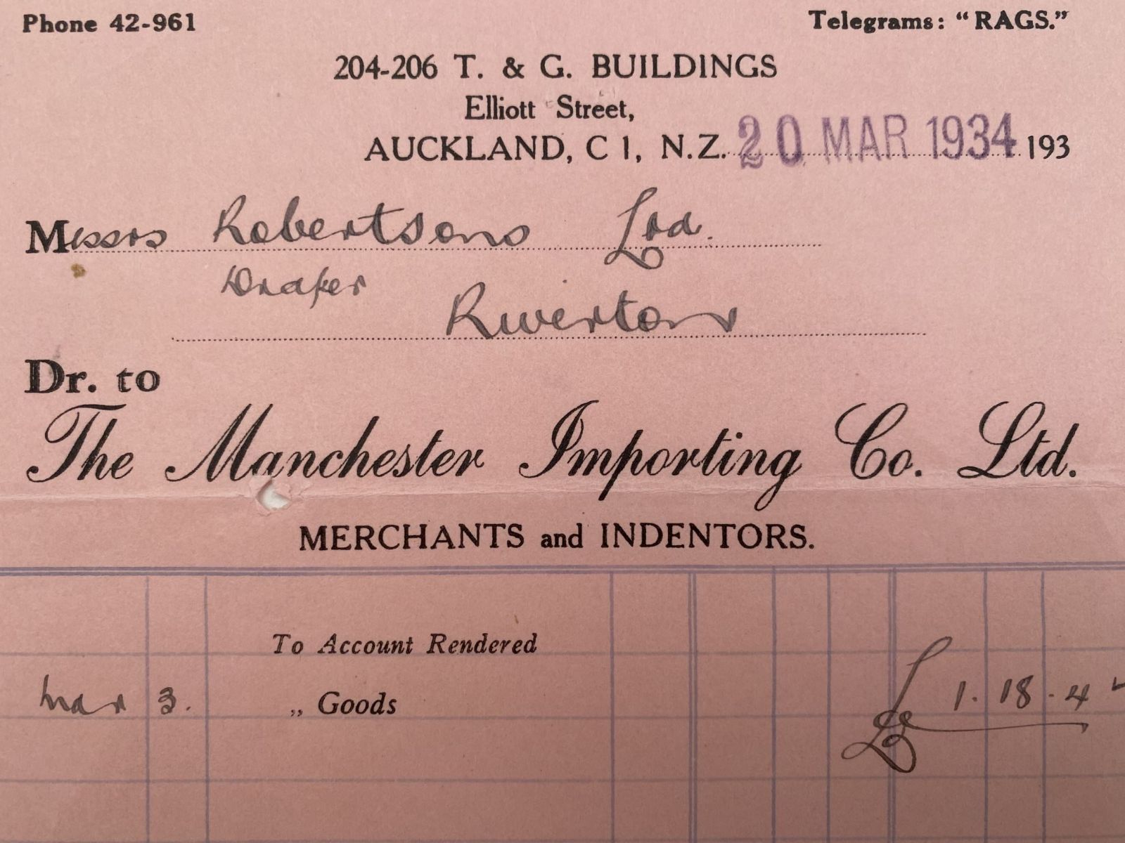 VINTAGE INVOICE: The Manchester Importing Co. Ltd, Auckland 1934