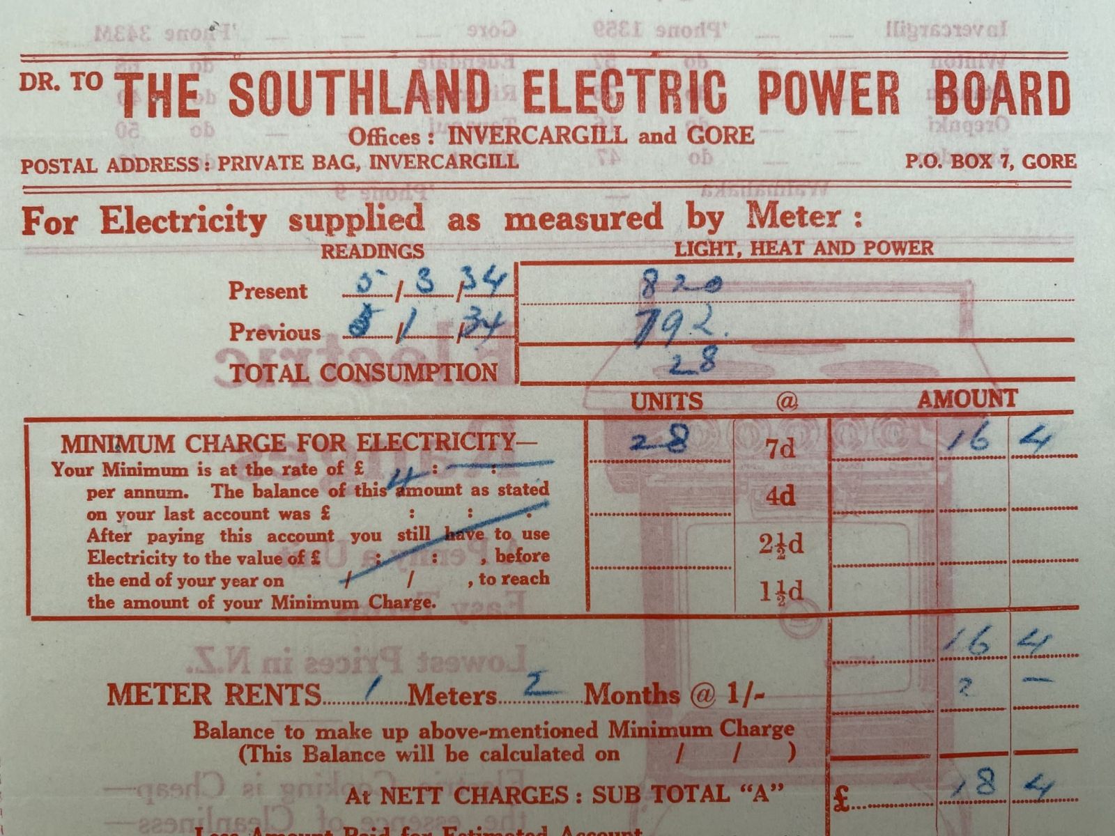 VINTAGE INVOICE: The Southland Electric Power Board, Invercargill and Gore 1934