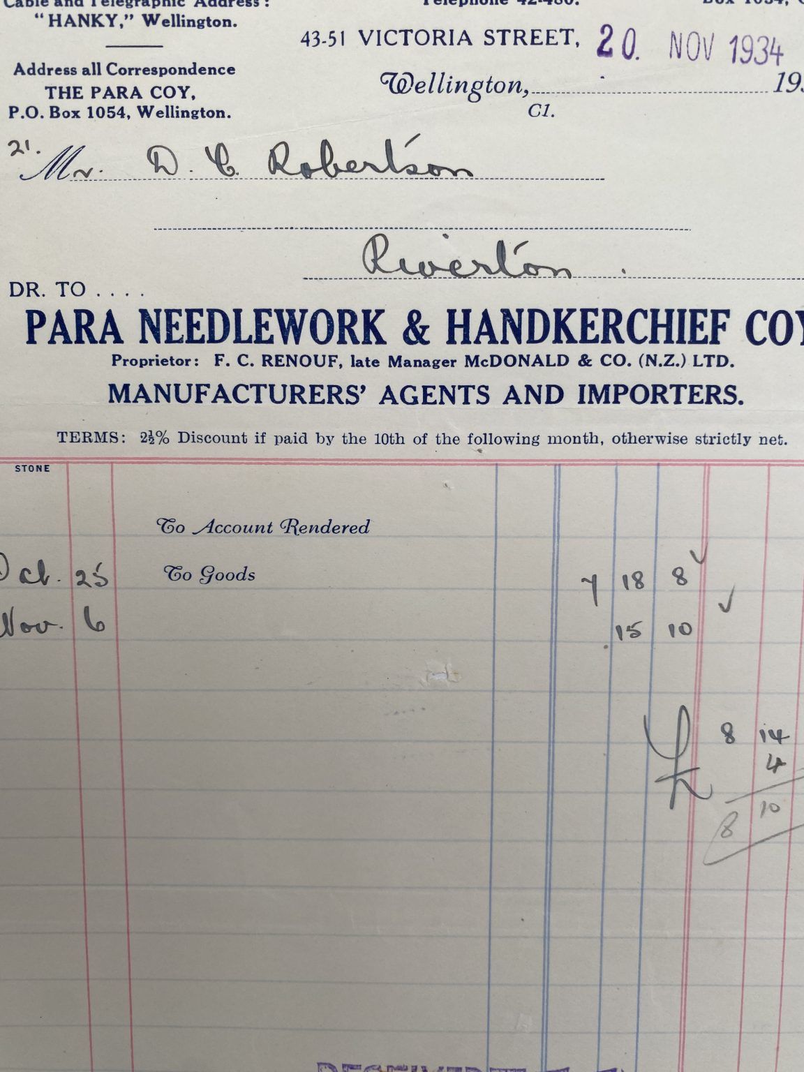 VINTAGE INVOICE: Para Needlework & Handkerchief Company, Wellington 1934