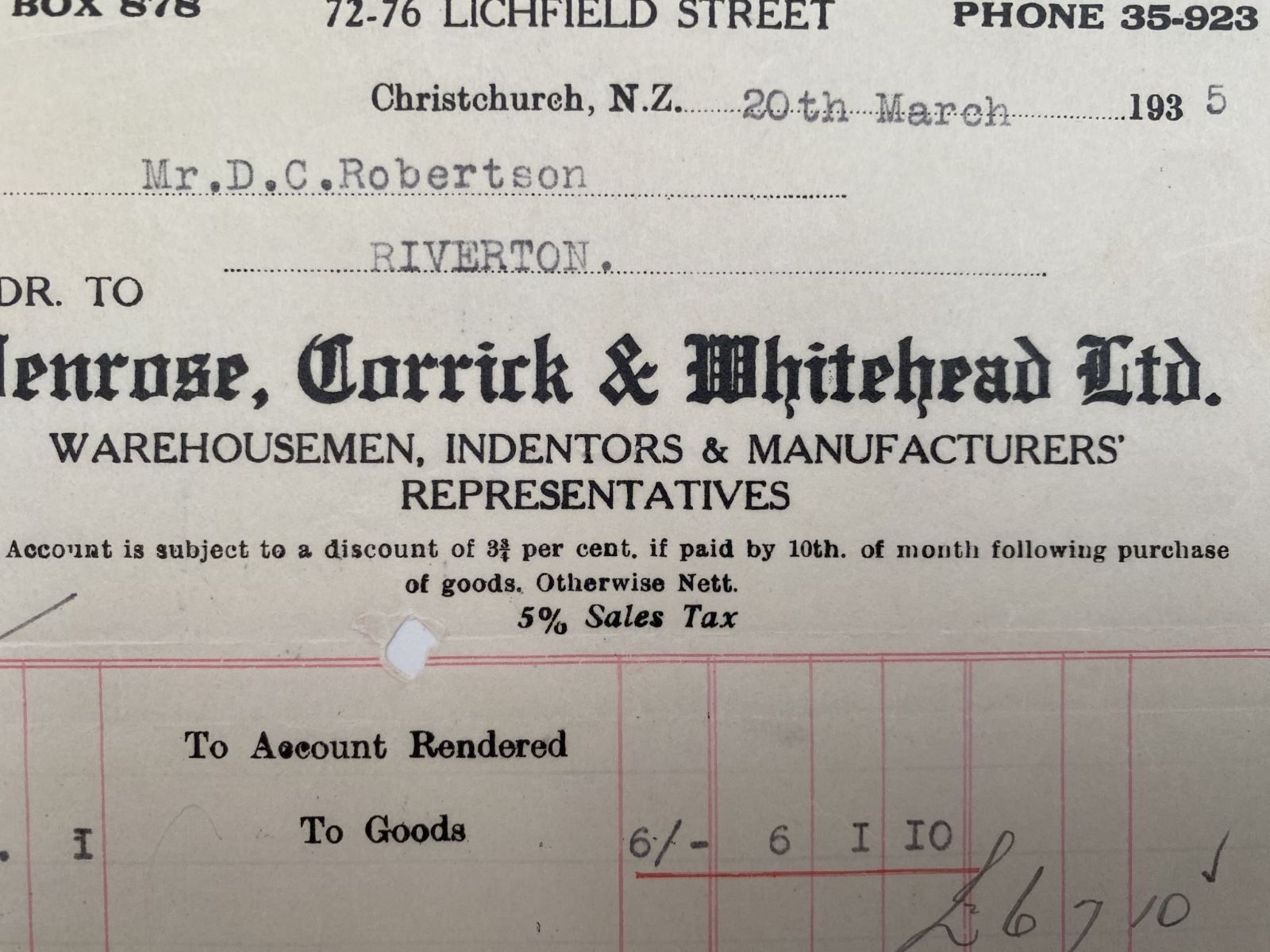 VINTAGE INVOICE: Penrose, Corrick & Whitehead Ltd. Christchurch 1935