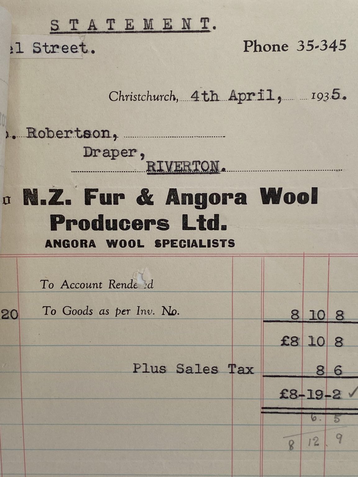 VINTAGE INVOICE: N.Z. Fur & Angora Wool Producers Ltd, Christchurch 1935