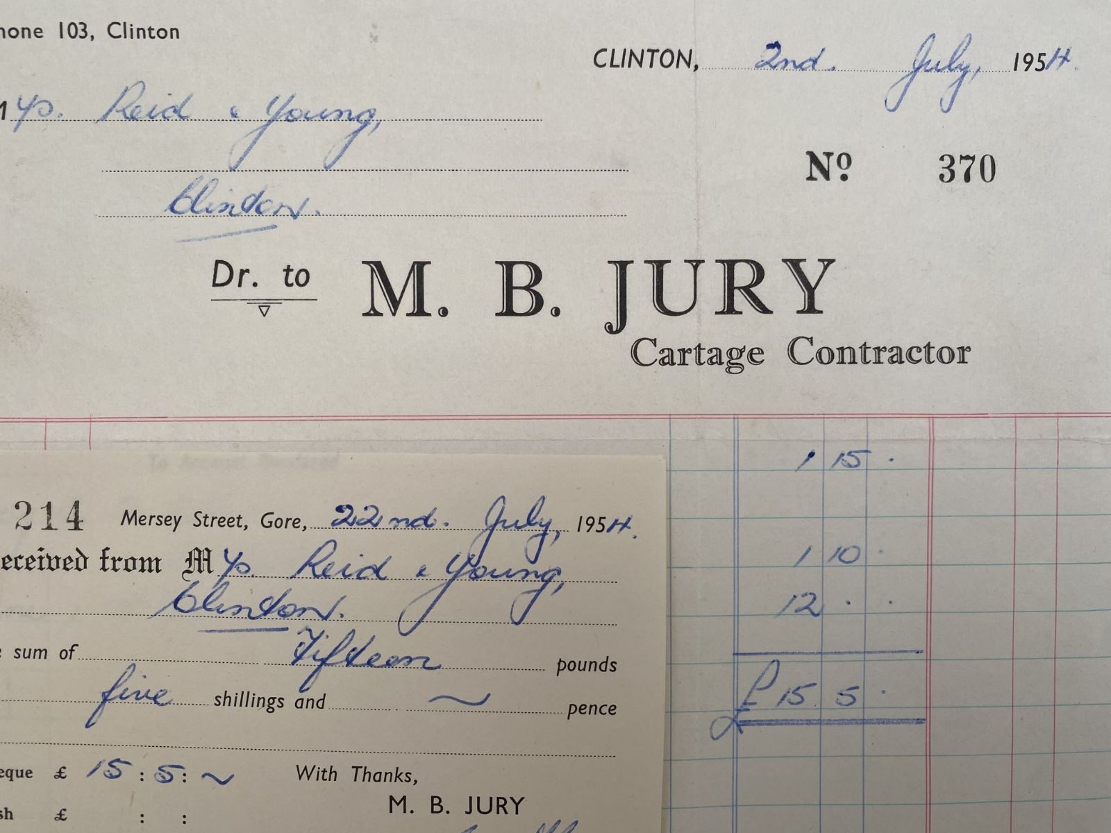 VINTAGE INVOICE: M.B. Jury, Clinton – Cartage Contractor 1954