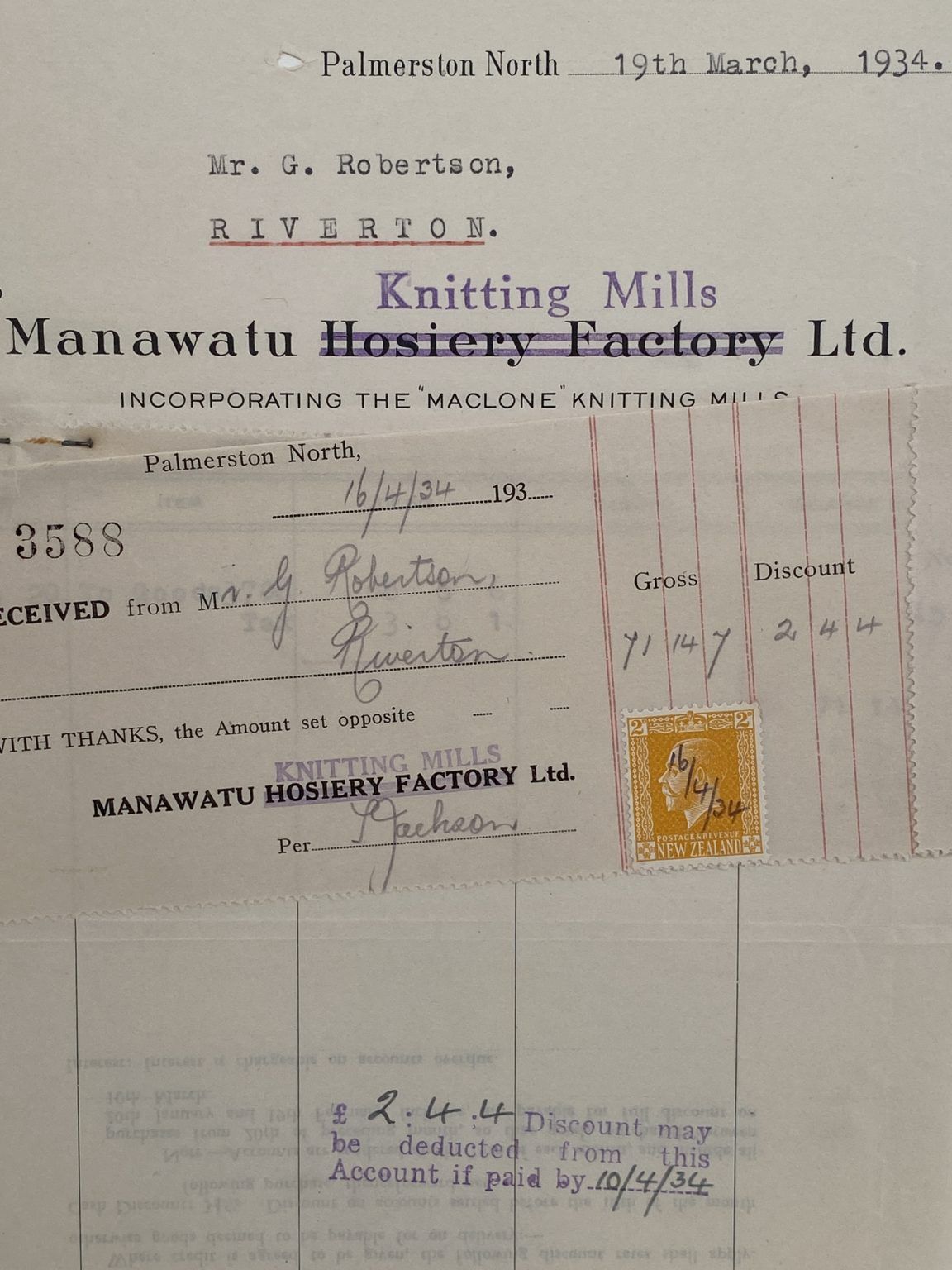 VINTAGE INVOICE: Manawatu Knitting Mills Ltd - Palmerston North 1934