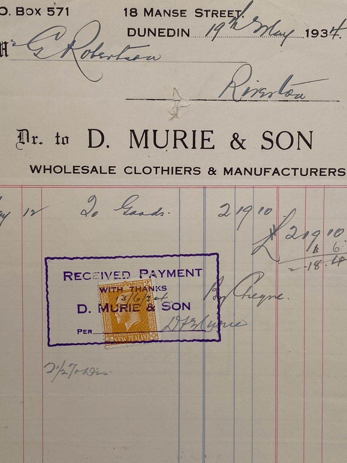 VINTAGE INVOICE: D. Murie & Son, Dunedin – Wholesale Clothiers 1934