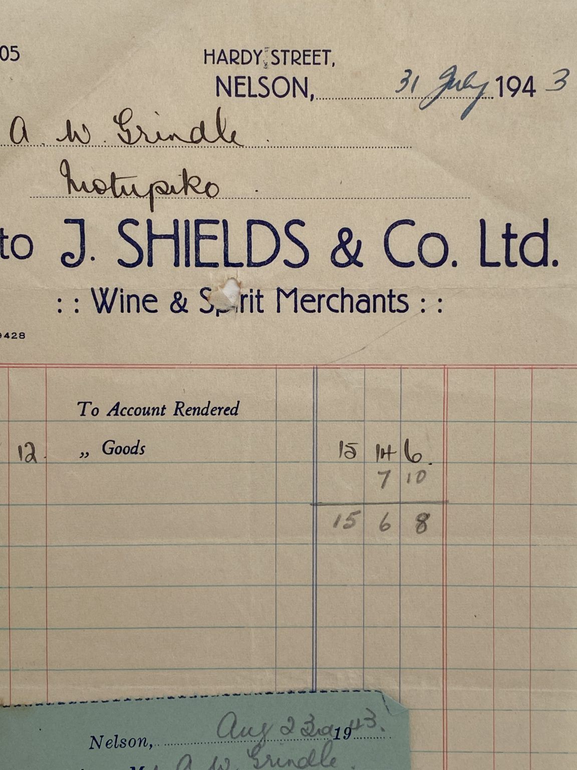 VINTAGE INVOICE: J. Shields & Co. Ltd, Nelson – Wine Merchants 1943