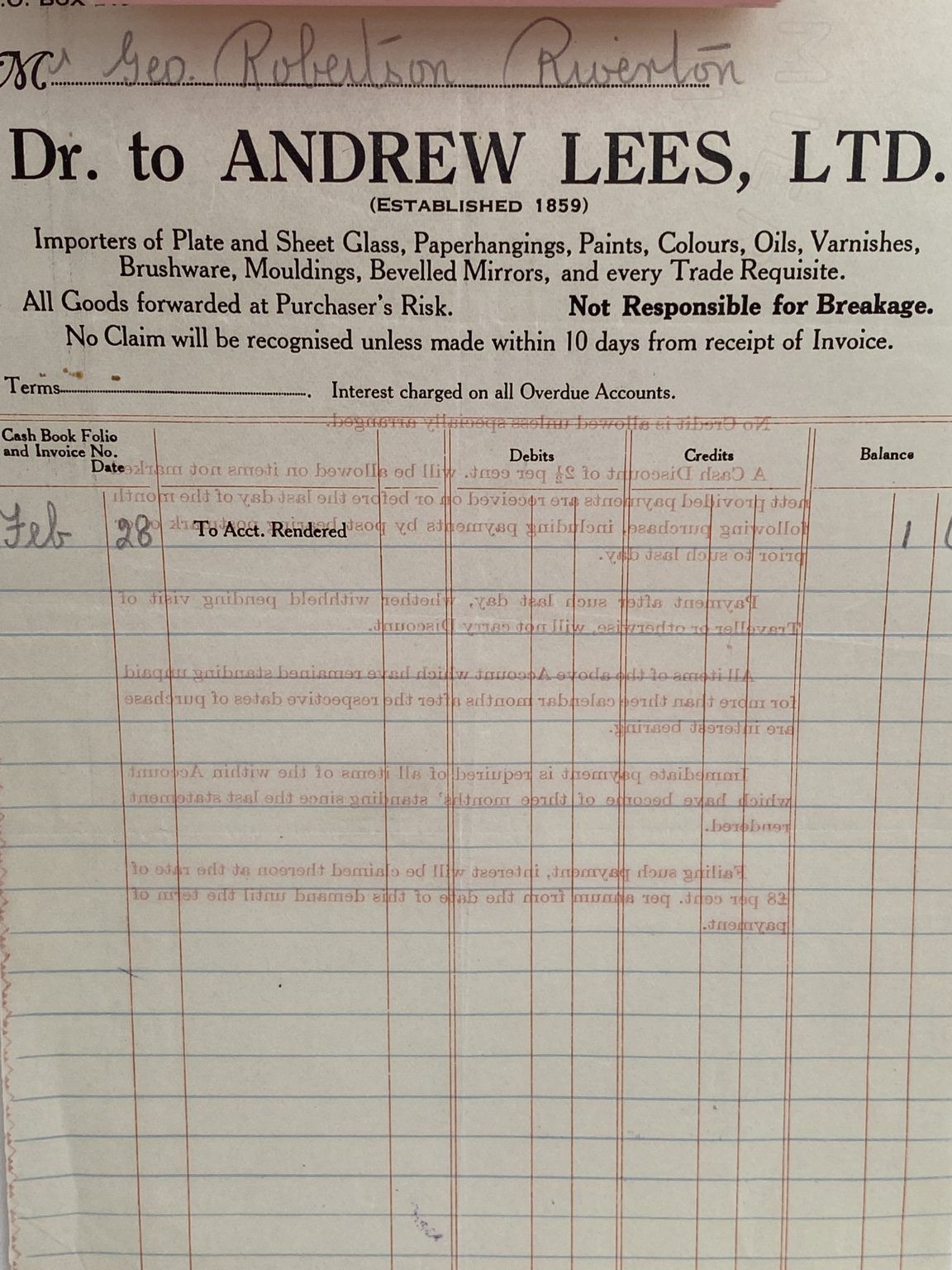 VINTAGE INVOICE: Andrew Lees Ltd, Invercargill - Importer 1935