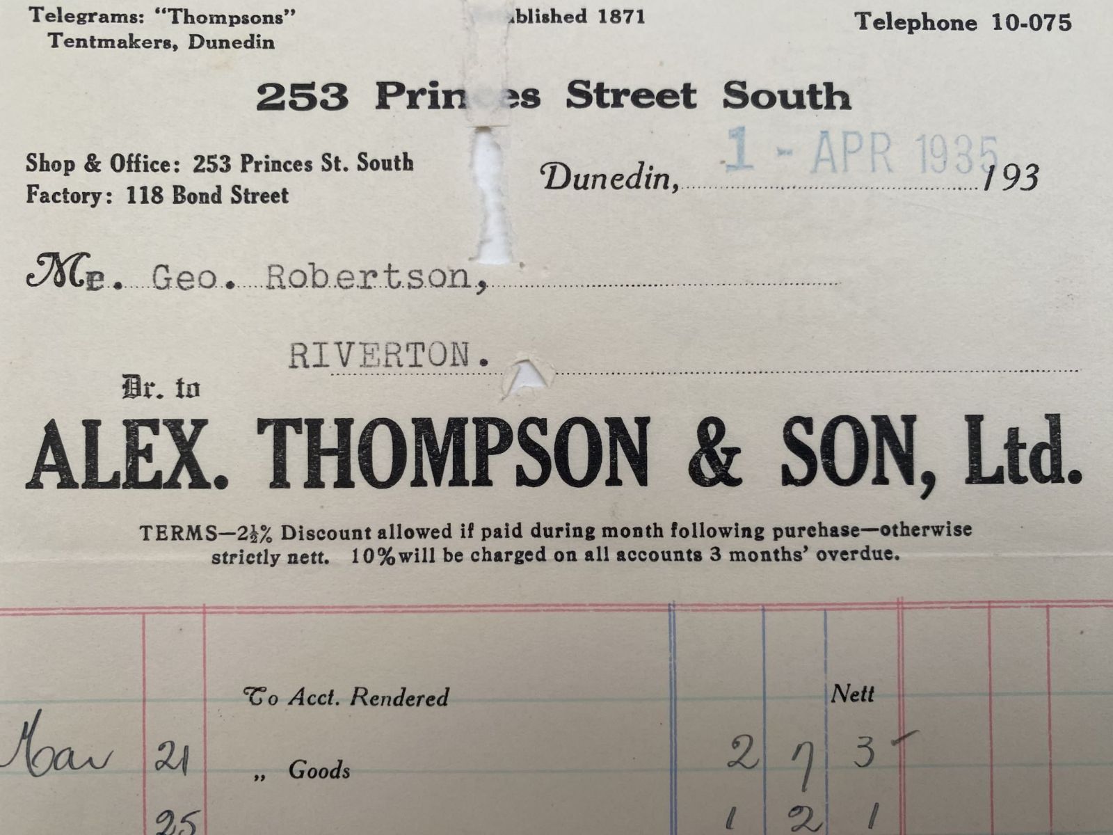 VINTAGE INVOICE: Alex Thompson & Son, Ltd. Dunedin 1935