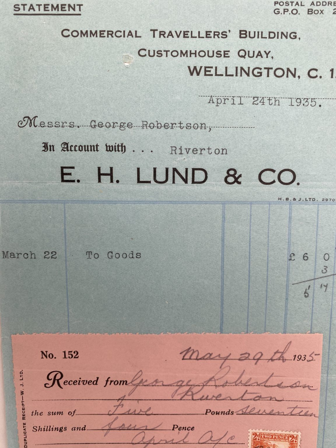 VINTAGE INVOICE / RECEIPT: E.H. Lund & Co. Wellington 1935