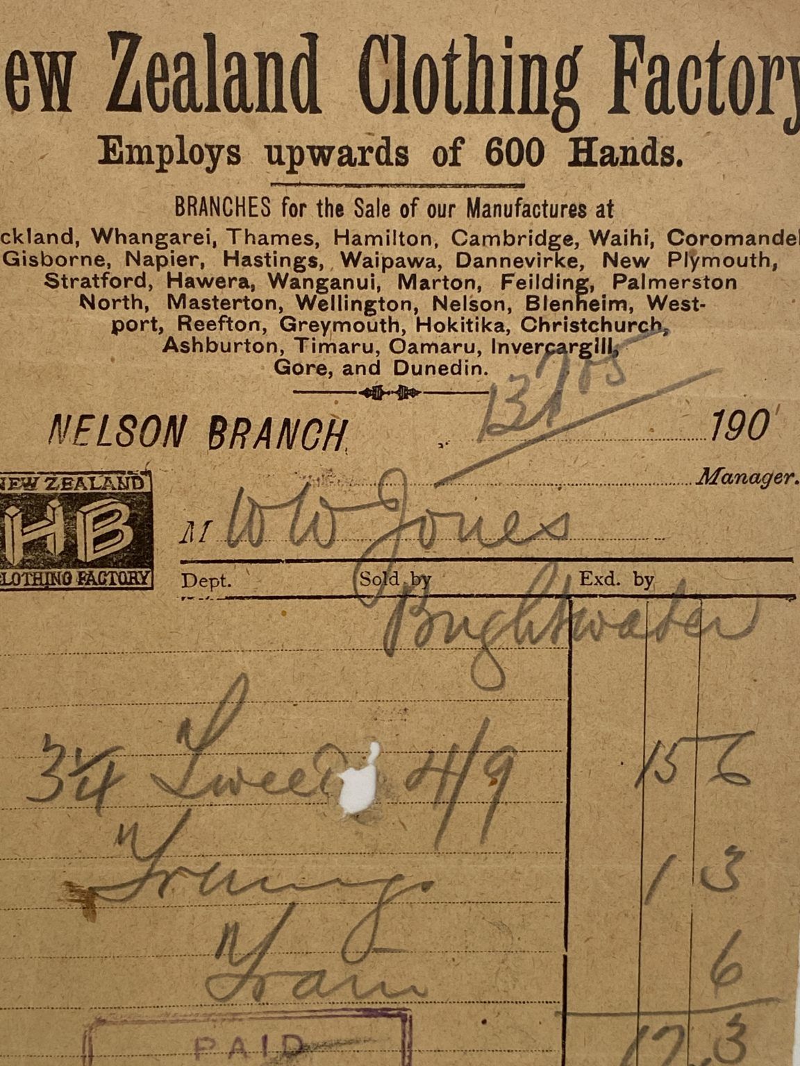 ANTIQUE INVOICE: New Zealand Brothers Clothing Factory, Nelson 1906