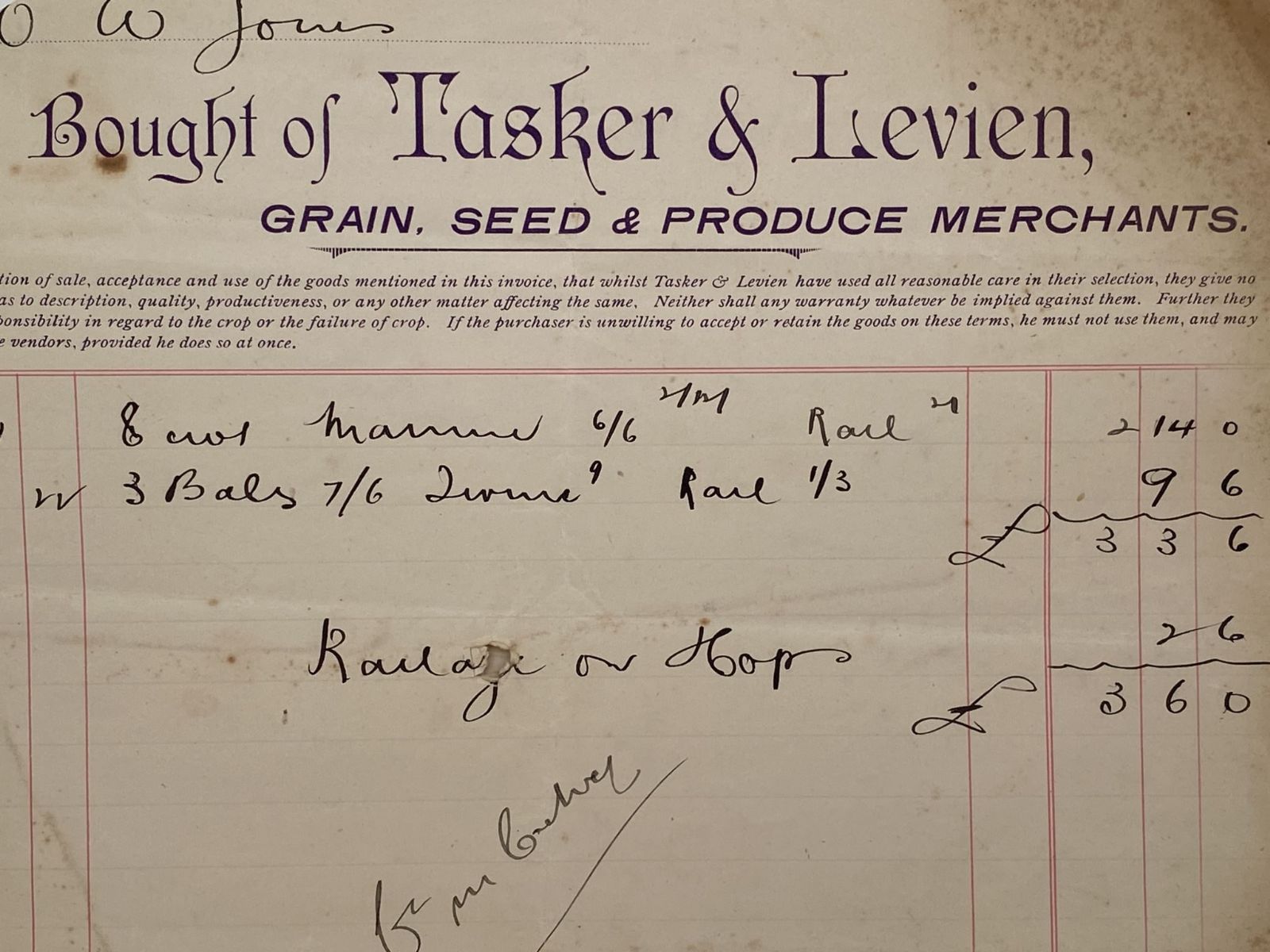 ANTIQUE INVOICE / RECEIPTS: Tasker & Levien, Nelson – Grain, Seed & Produce 1906