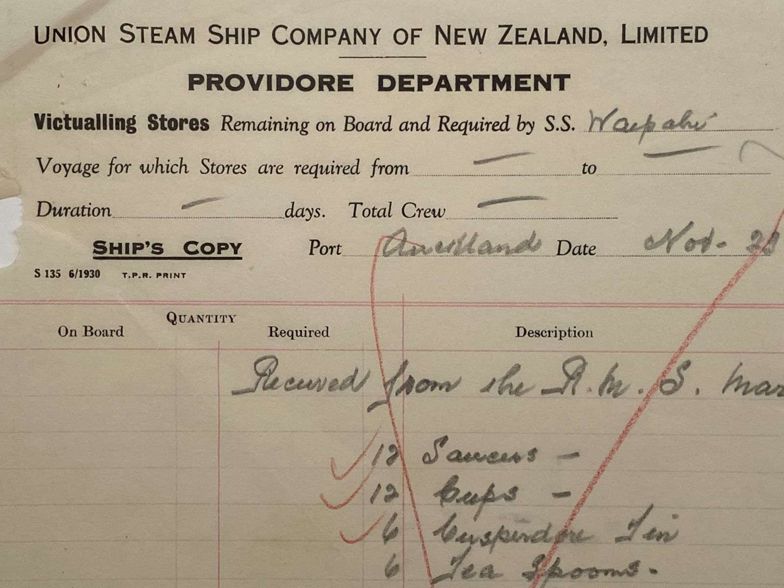 VINTAGE RECEIPT: Union Steamship Company of New Zealand - R.M.S. Marama 1932