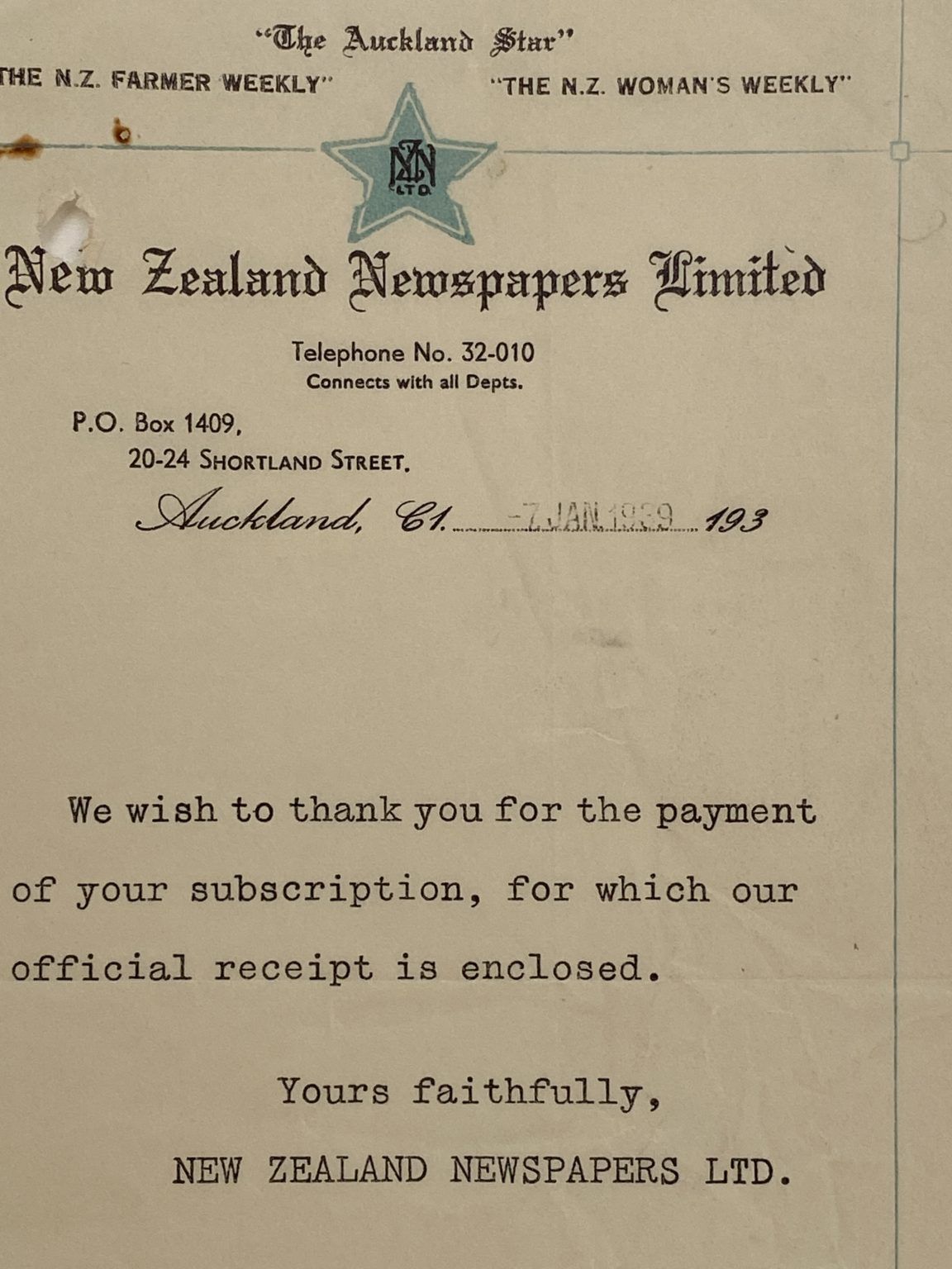 VINTAGE RECEIPT: New Zealand Newspapers Limited, Auckland 1939