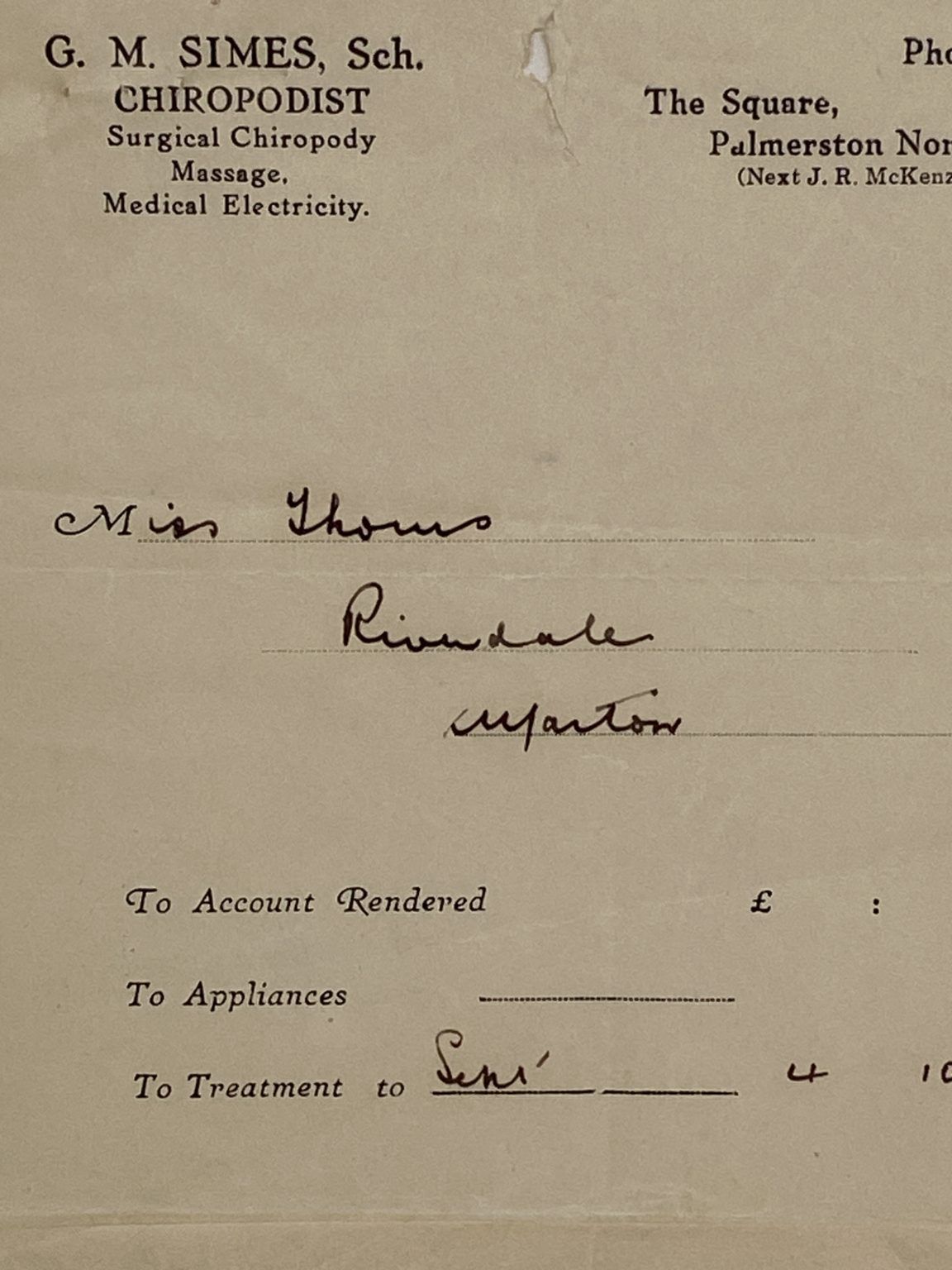 VINTAGE INVOICE: G.M. Simes Sch. Palmerston North - Chiropodist 1937