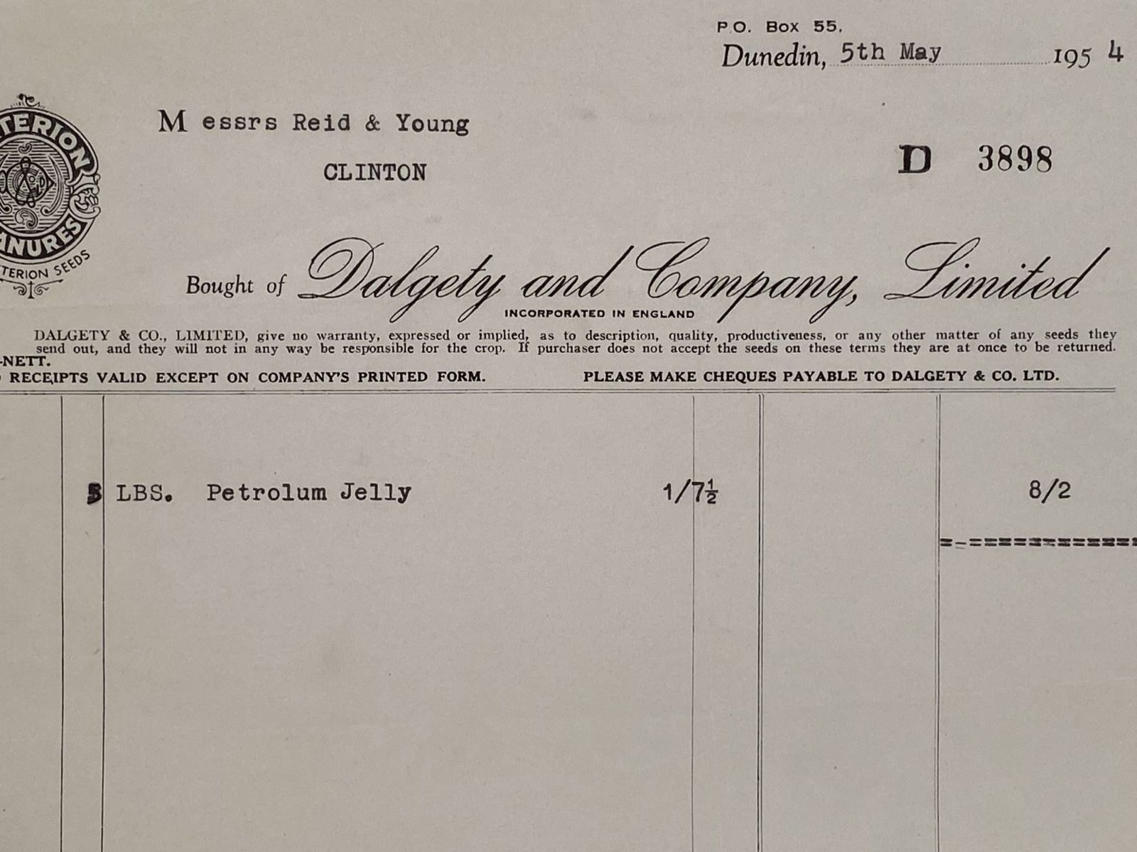 VINTAGE INVOICE: Dalgety & Company Limited, Dunedin - Merchants 1954