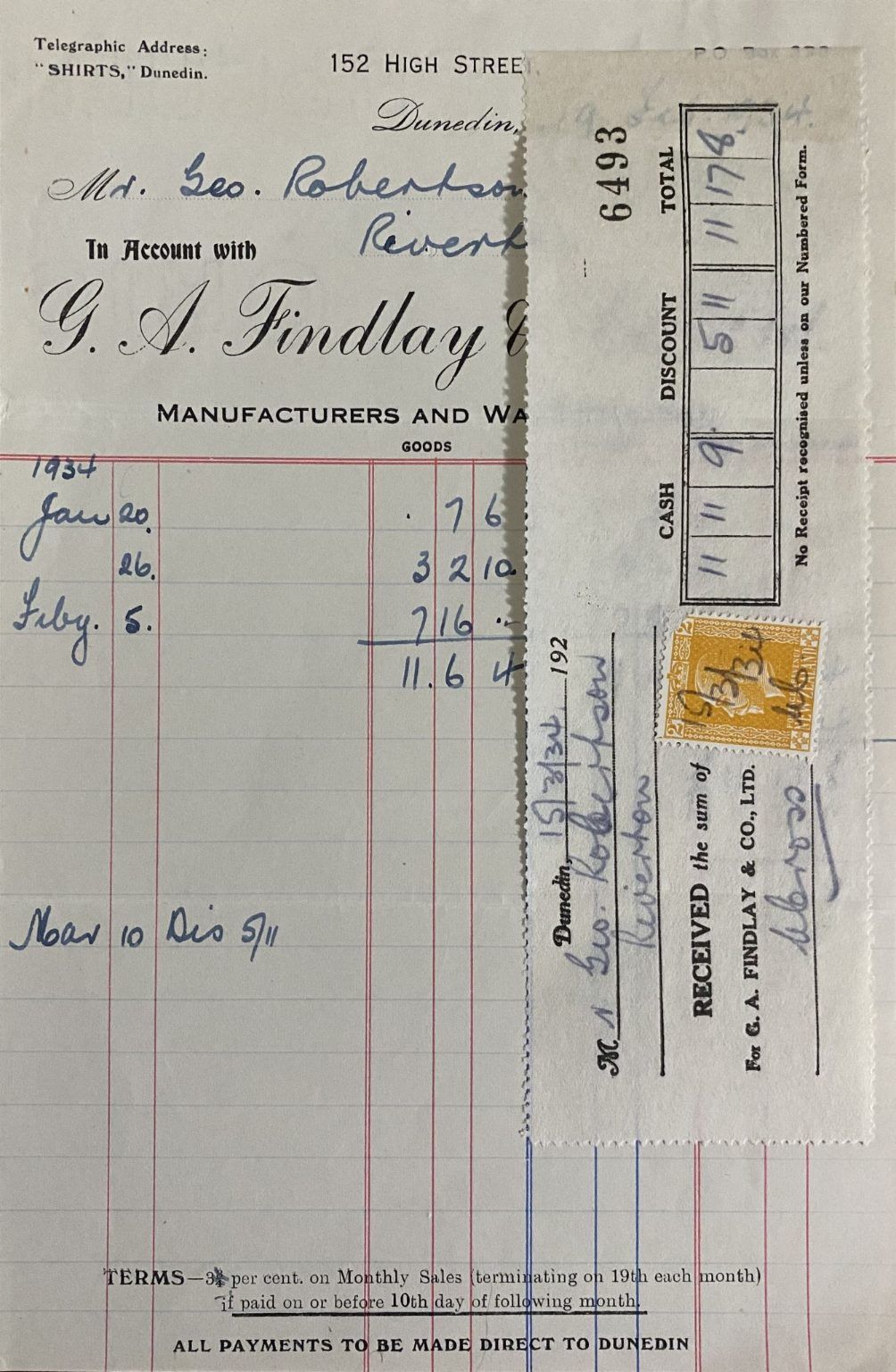 VINTAGE INVOICE: G.A. Findlay & Co, Dunedin – Manufacturers, Warehousemen 1934