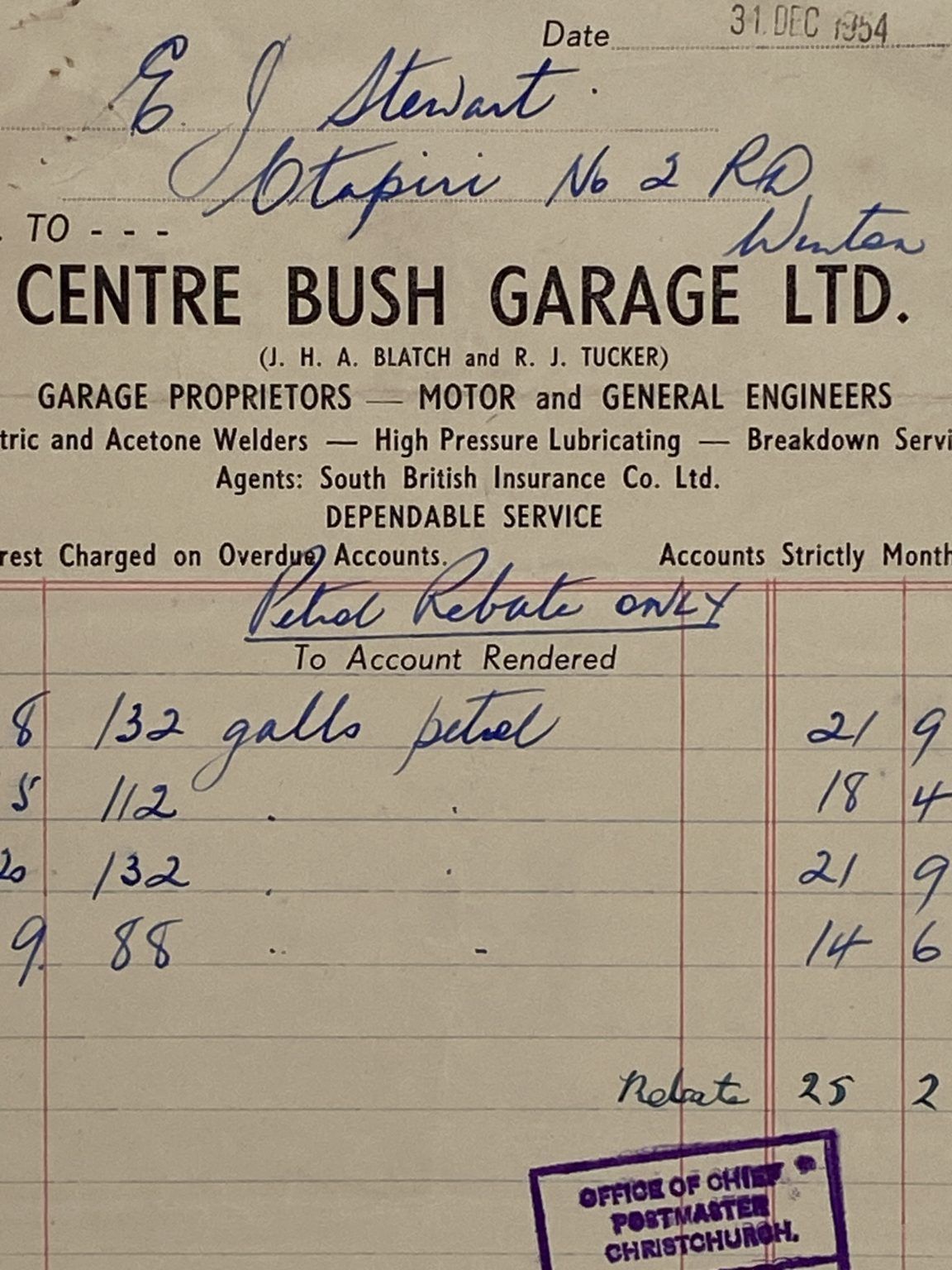 VINTAGE INVOICE: Centre Bush Garage, Winton - Motor and General Engineers 1954