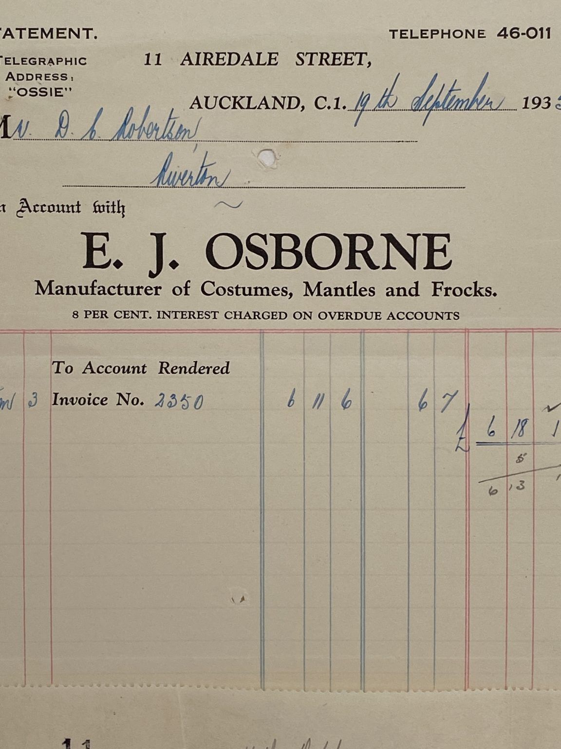 VINTAGE INVOICE: E. J. Osborne, Auckland - Costumes and Frocks 1935