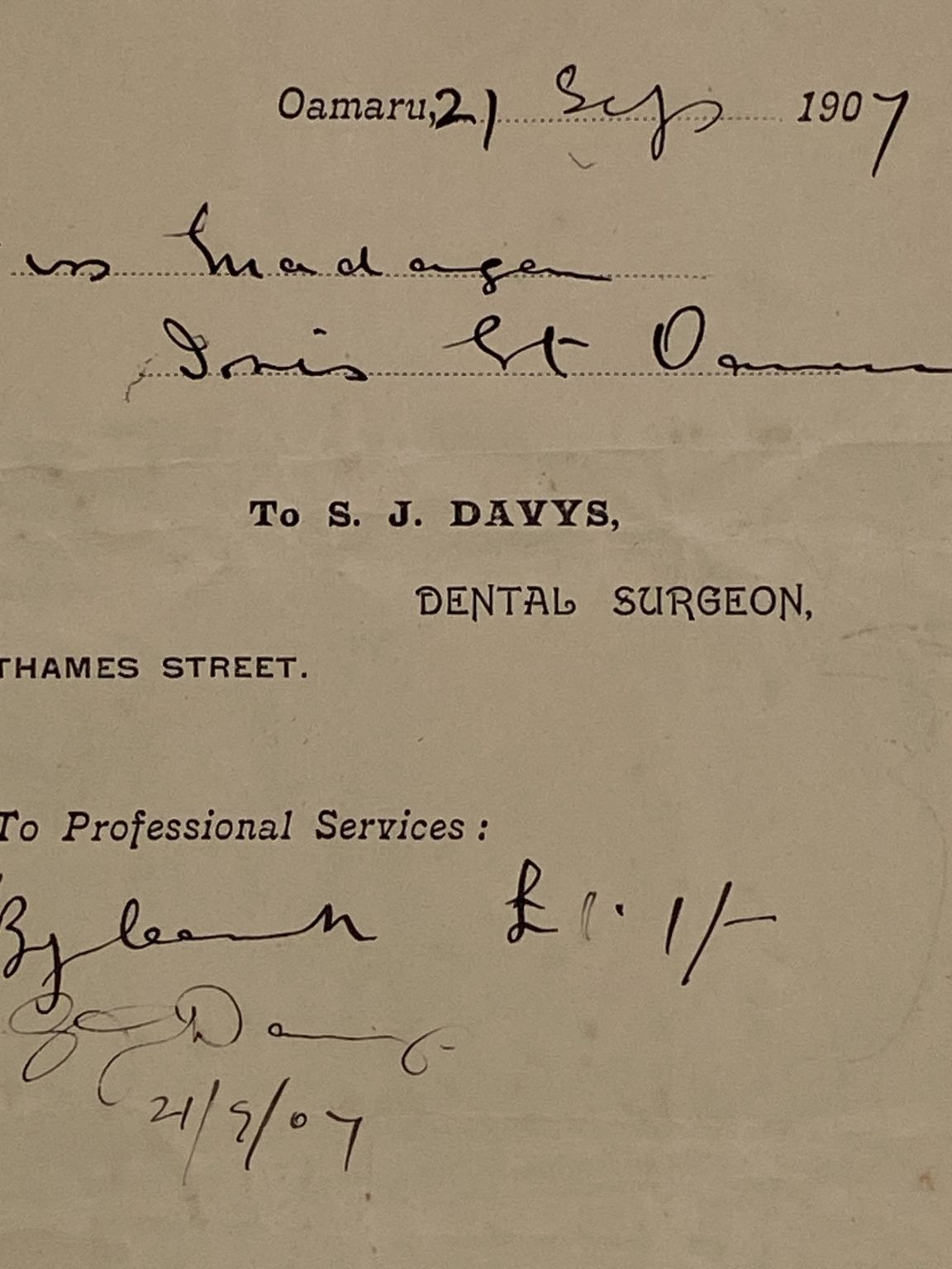 ANTIQUE INVOICE: S. J. Davys – Dental Surgeon, Thames St, Oamaru 1907