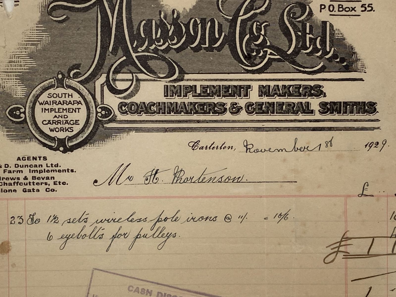 ANTIQUE INVOICE: Masson & Co. Ltd Carterton – Implement Makers, Coachmakers 1929