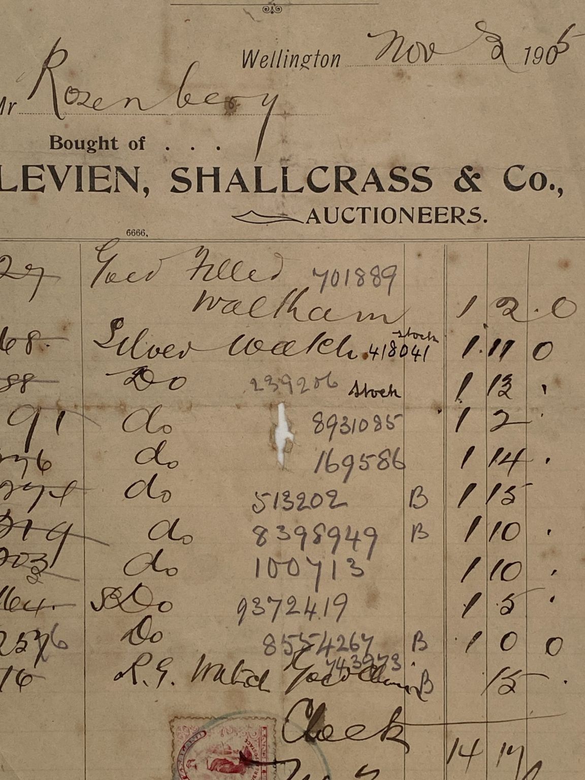 ANTIQUE INVOICE: Levien, Shallcrass & Co, Wellington - Auctioneers 1905