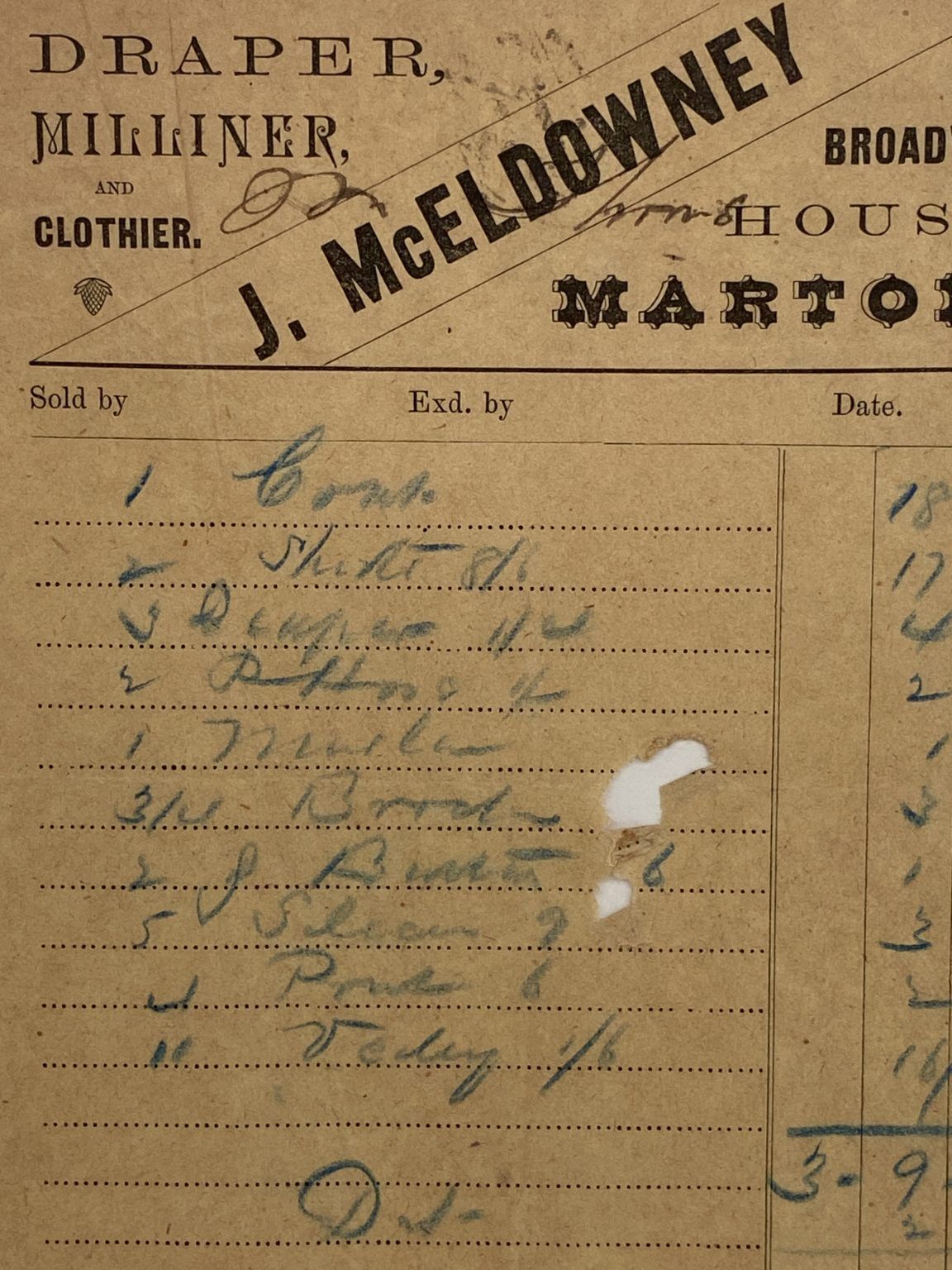 ANTIQUE INVOICE: J. McEldowney, Marton – Draper, Milliner and Clothier 1888